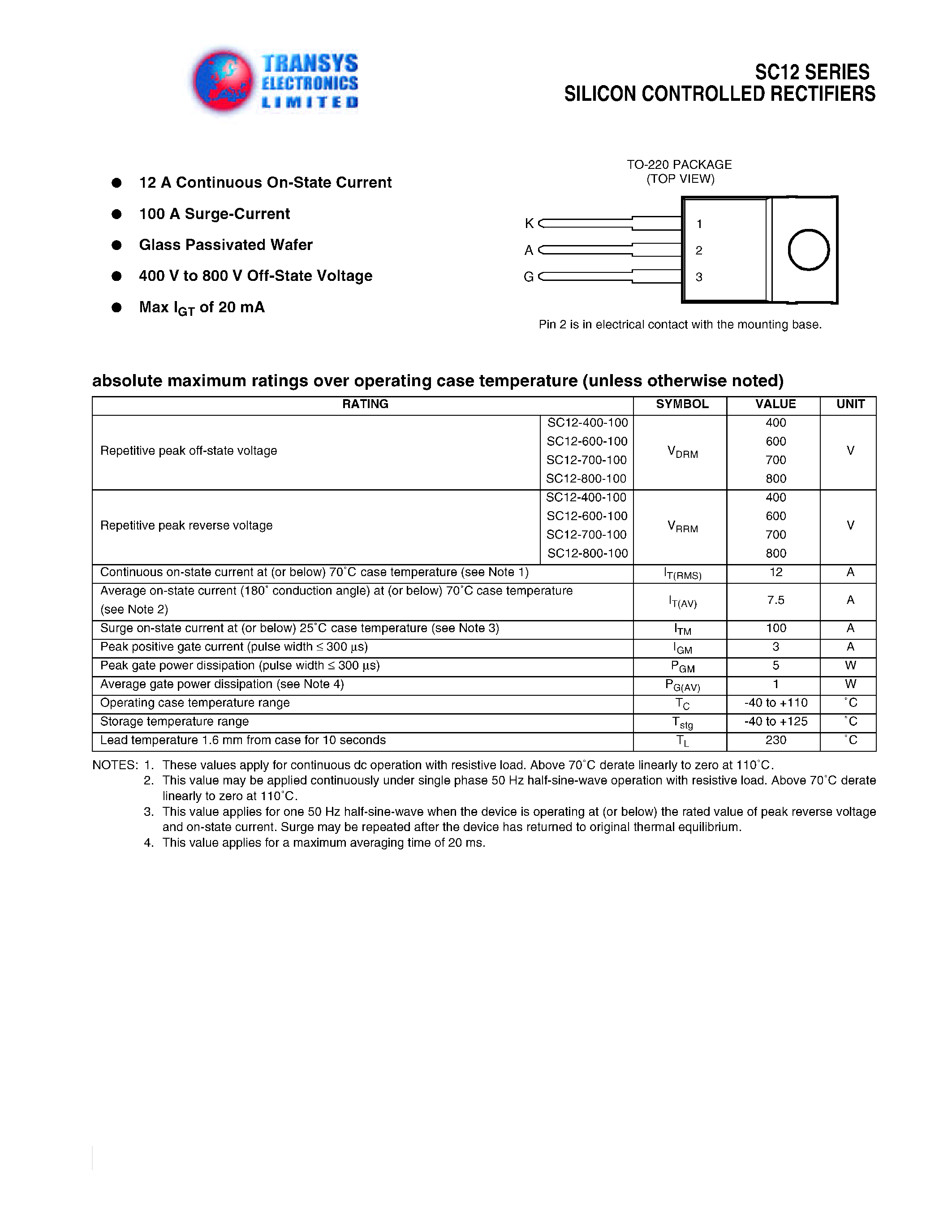Datasheet SC12-600-100 page 1 Datasheet SC12-600-100 - SILICON CONTROLLED RECTIFIERS page 1