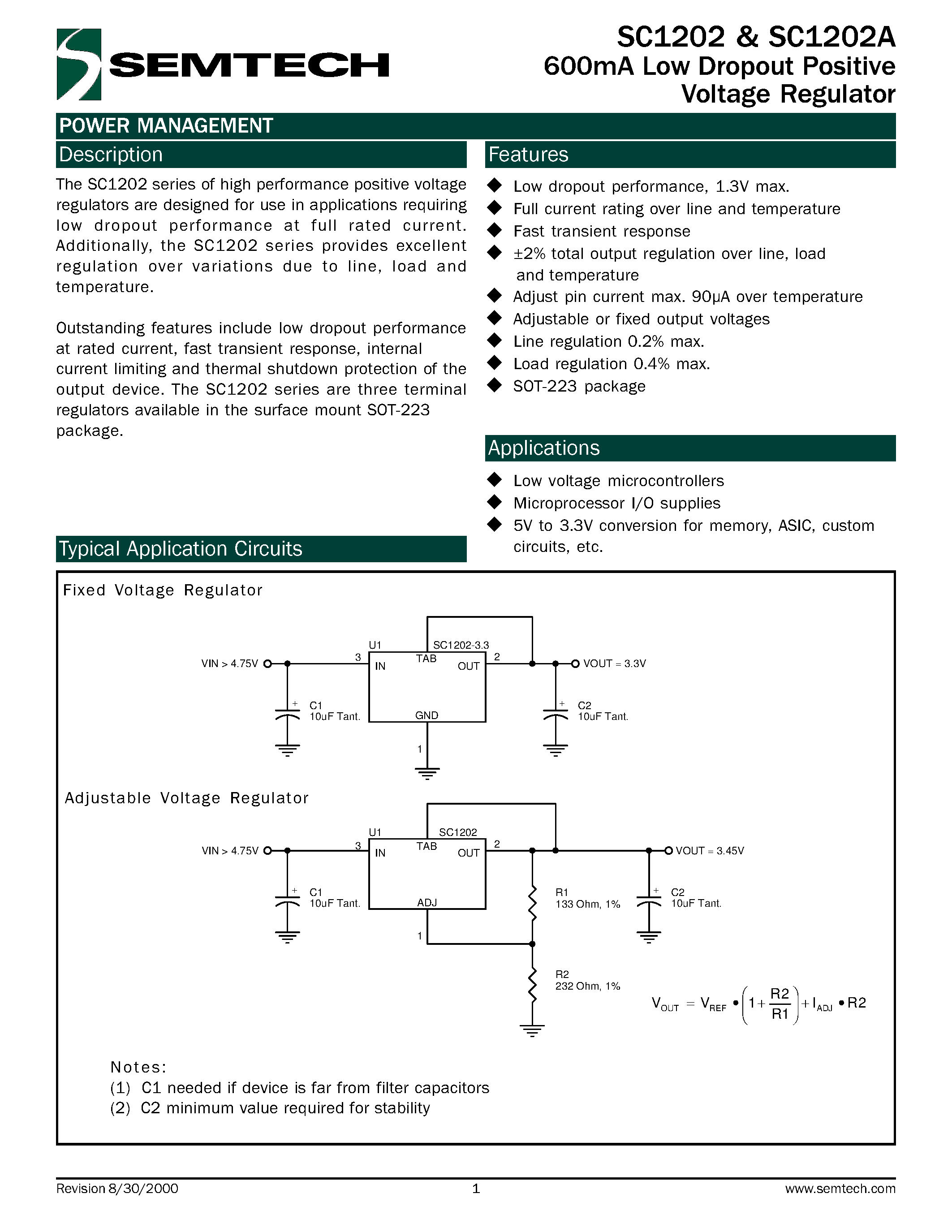 Datasheet SC1202ACST-3.3TR - 600mA Low Dropout Positive Voltage Regulator page 1