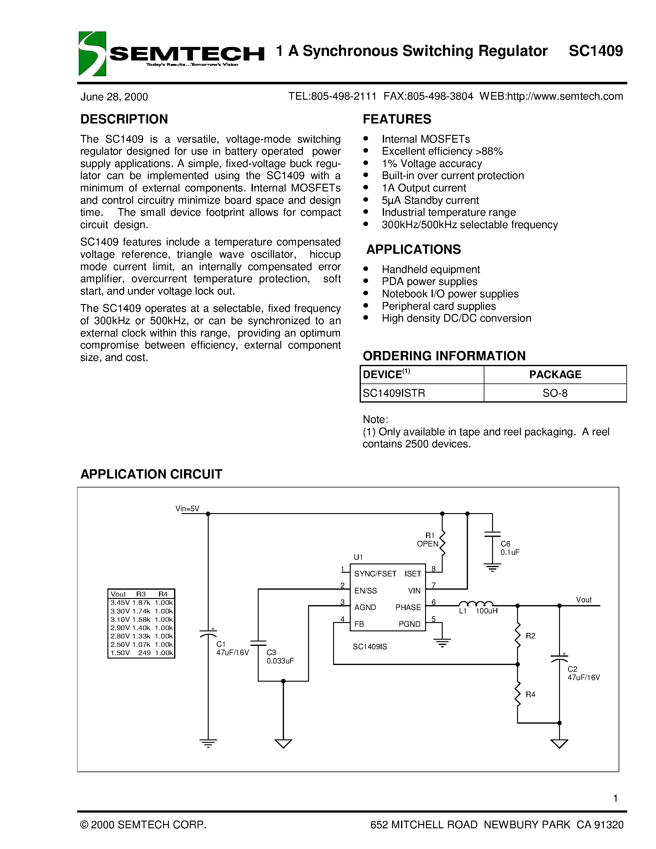 Datasheet SC1409 - 1 A Synchronous Switching Regulator page 1