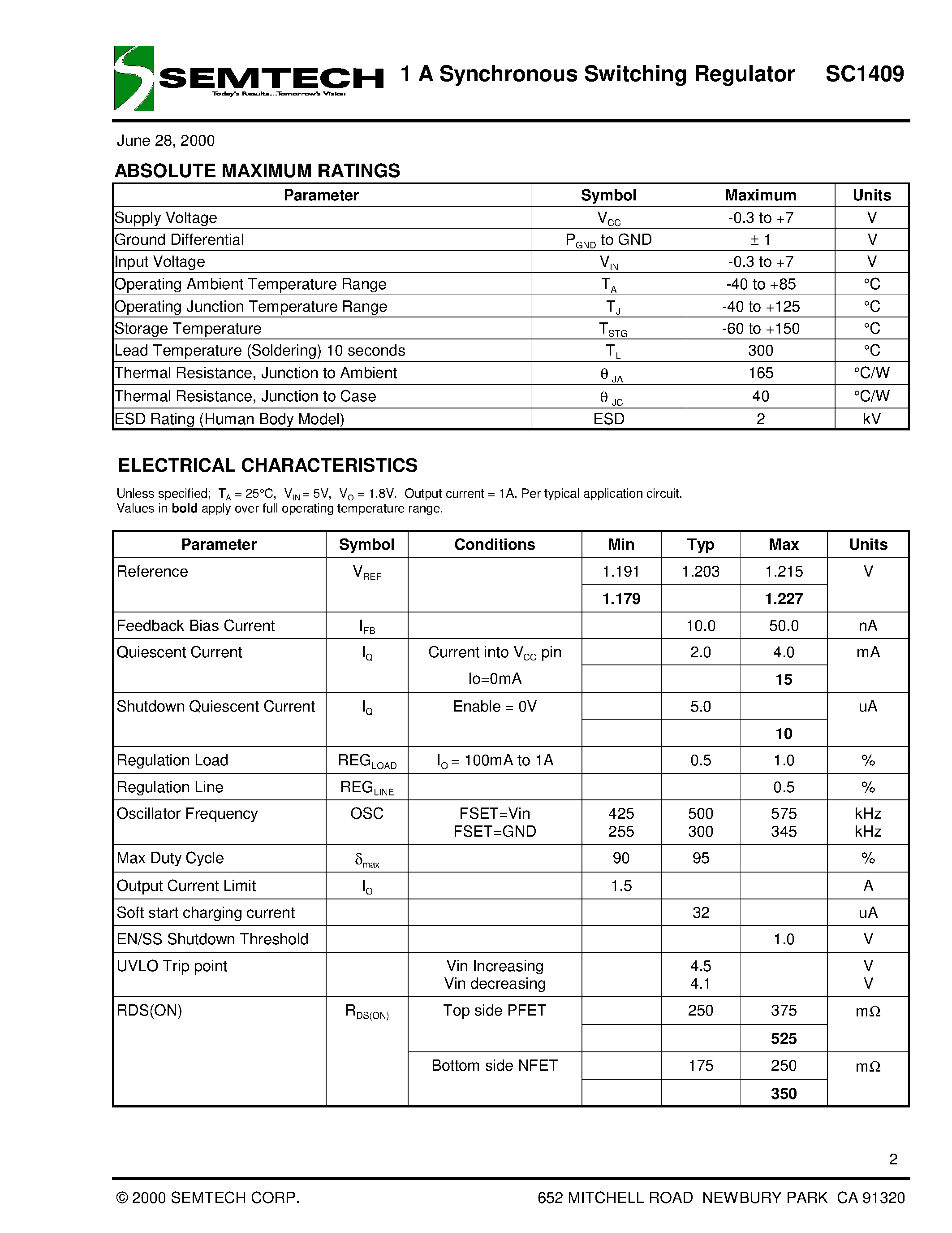 Datasheet SC1409ISTR - 1 A Synchronous Switching Regulator page 2