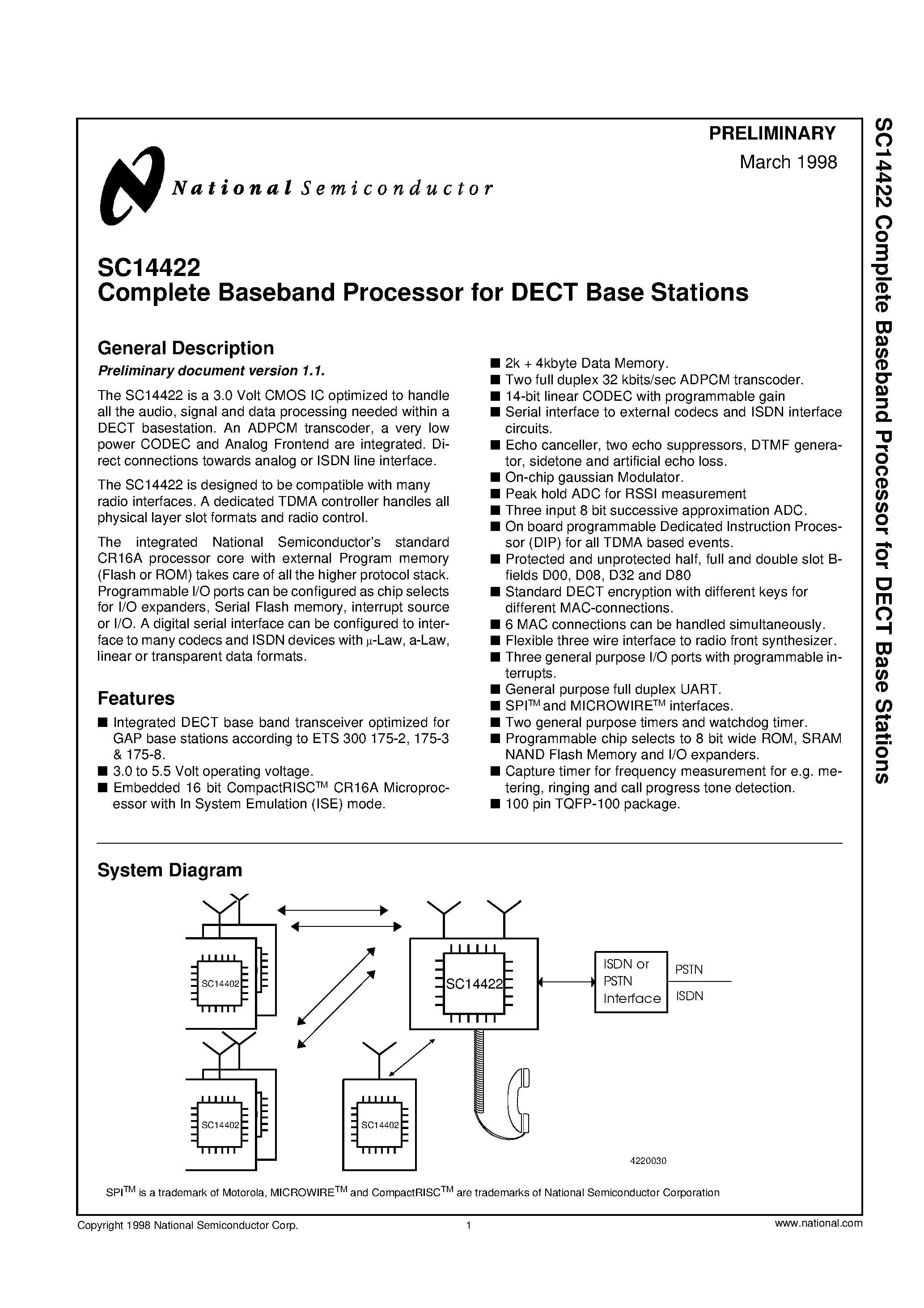 Даташит на микросхему SC14422RVJG страница 1 Даташит SC14422RVJG - Complete Baseband Processor for DECT Base Stations страница 1