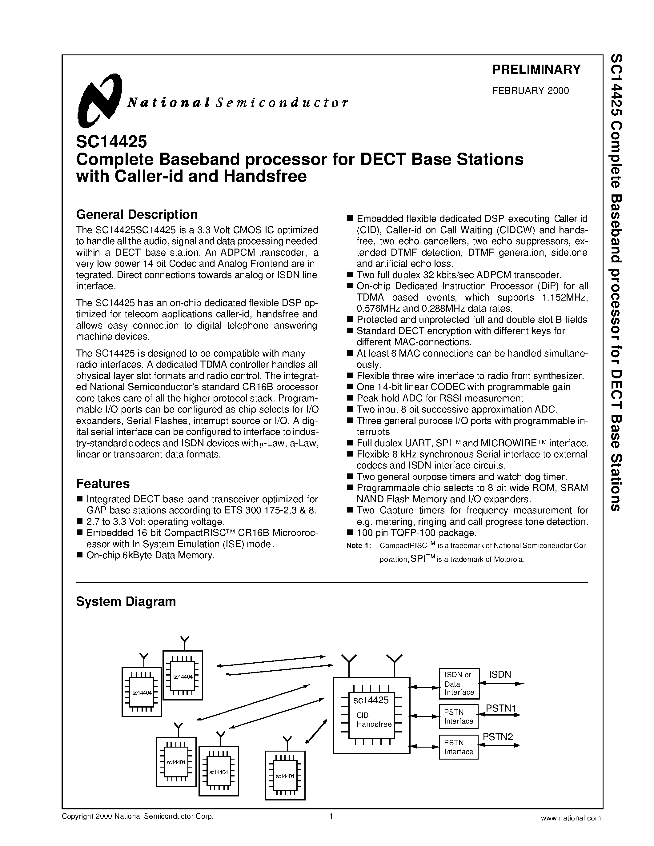 Даташит SC14425 - Complete Baseband processor for DECT Base Stations with Caller-id and Handsfree страница 1
