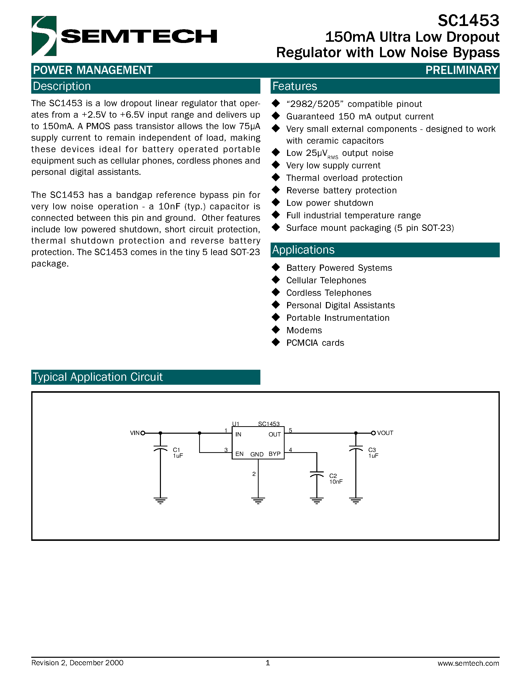 Datasheet SC1453-1.8ISKTR - 150mA Ultra Low Dropout Regulator with Low Noise Bypass page 1