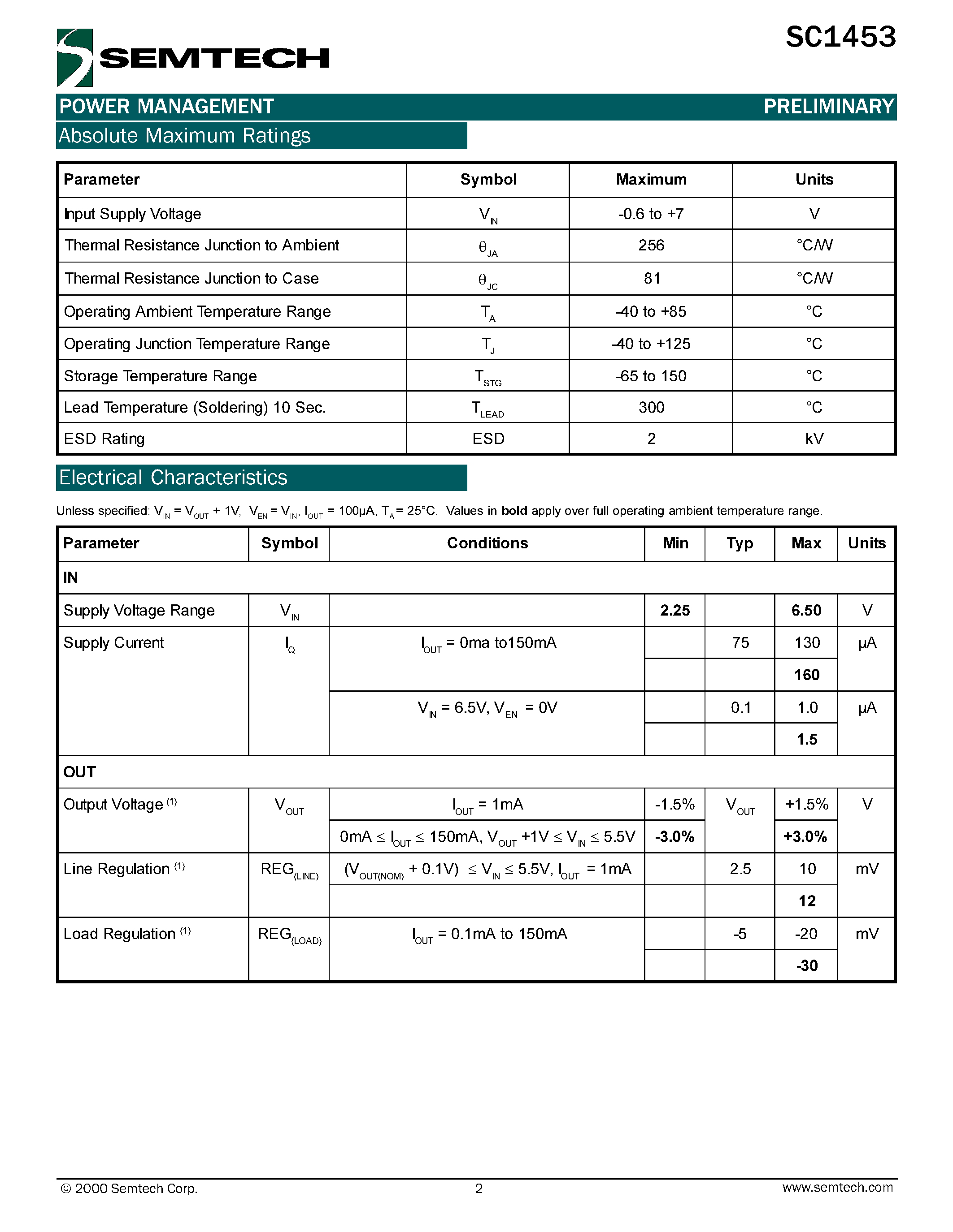 Datasheet SC1453-2.5ISKTR - 150mA Ultra Low Dropout Regulator with Low Noise Bypass page 2
