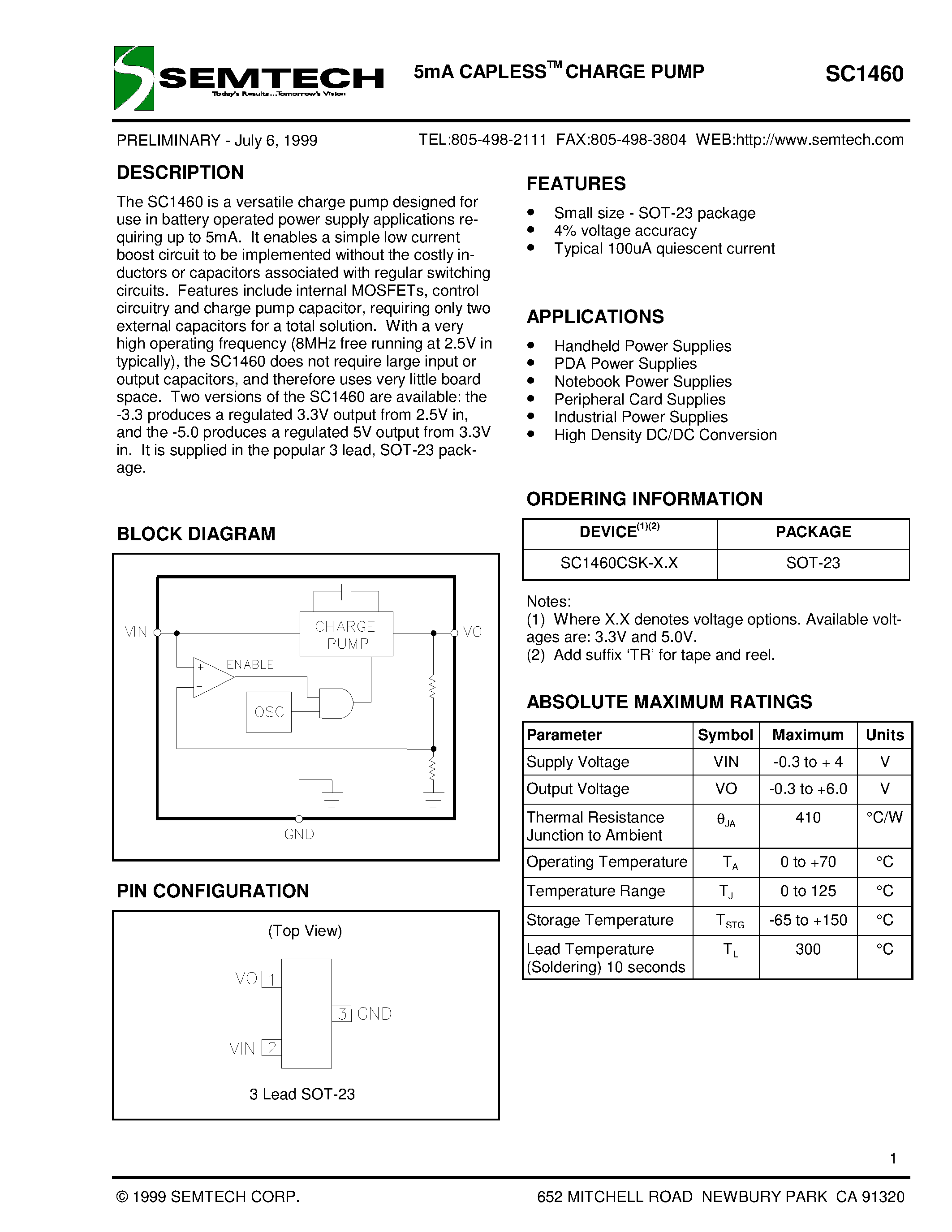 Datasheet SC1460CSK-3.3 page 1 Datasheet SC1460CSK-3.3 - 5mA CAPLESSTM CHARGE PUMP page 1