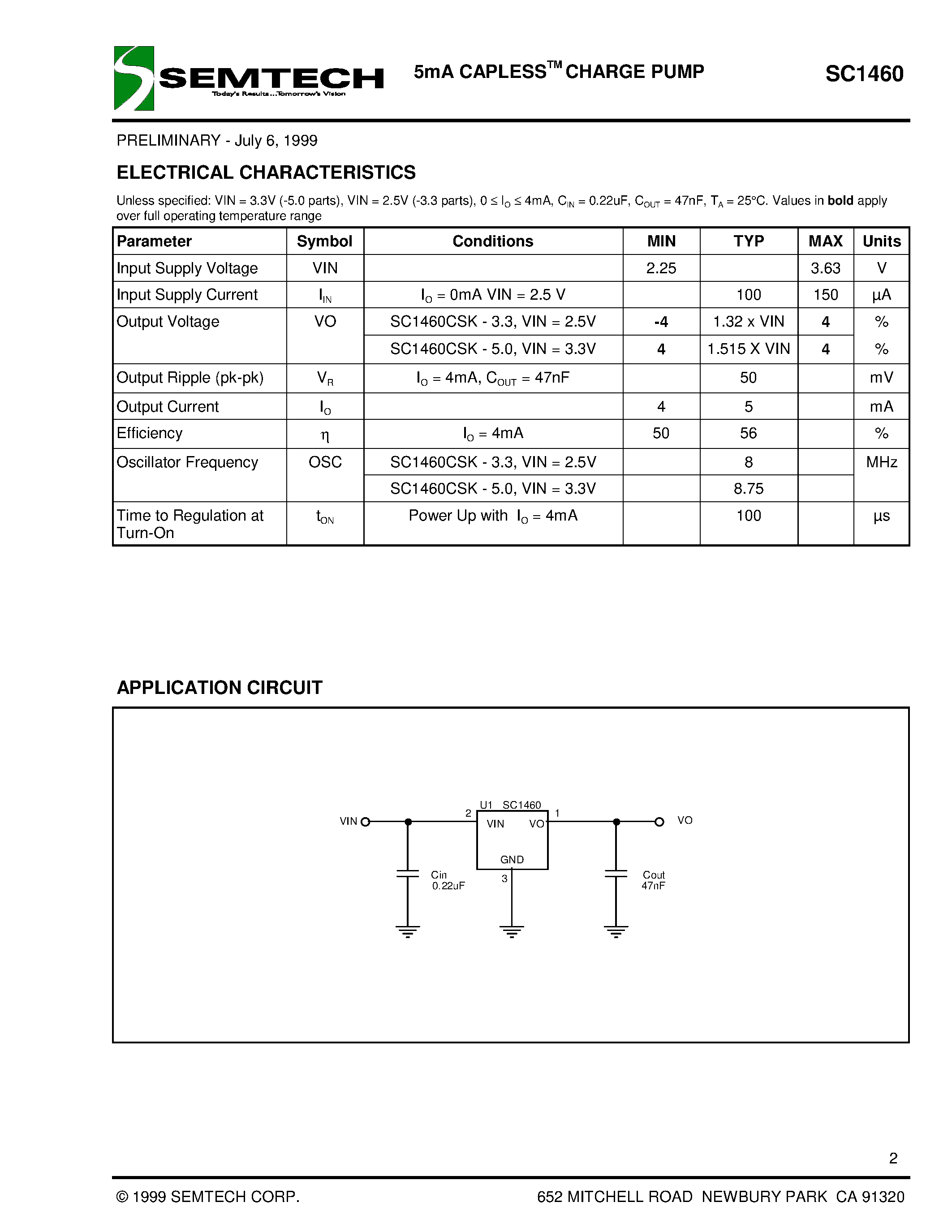 Даташит на микросхему SC1460CSK-5.0 страница 2 Даташит SC1460CSK-5.0 - 5mA CAPLESSTM CHARGE PUMP страница 2
