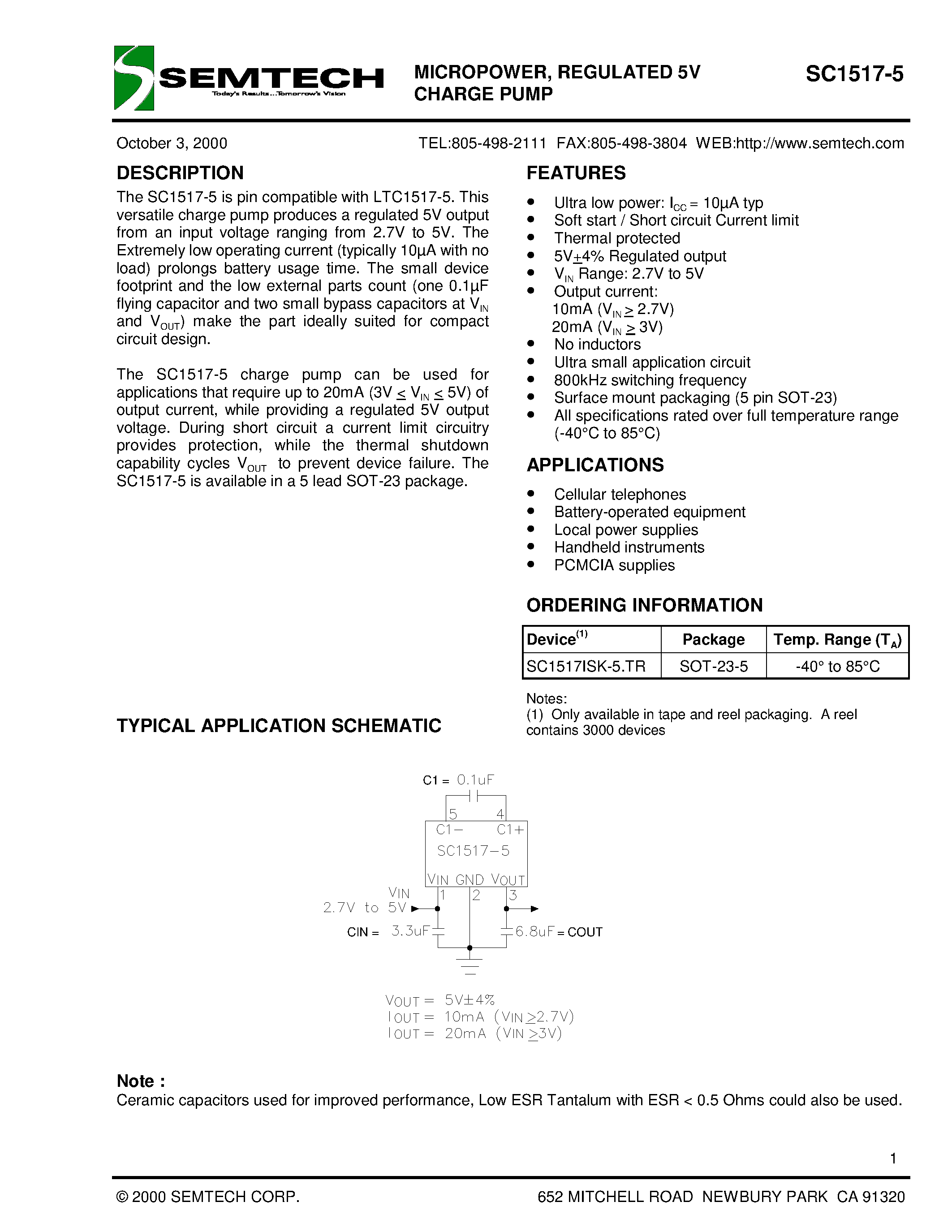 Datasheet SC1517-5 - MICROPOWER/ REGULATED 5V CHARGE PUMP page 1