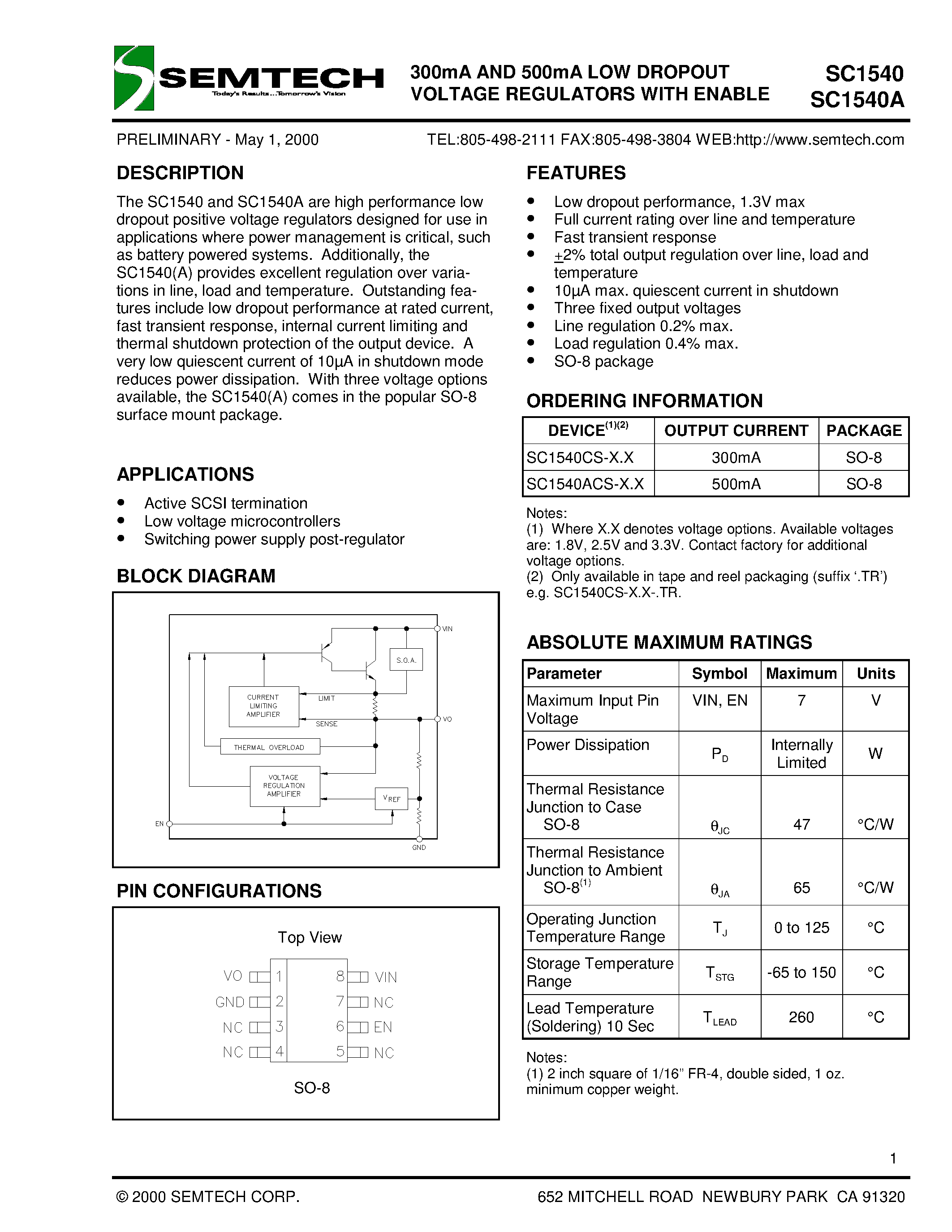 Datasheet SC1540ACS-2.5 - 300mA AND 500mA LOW DROPOUT VOLTAGE REGULATORS WITH ENABLE page 1