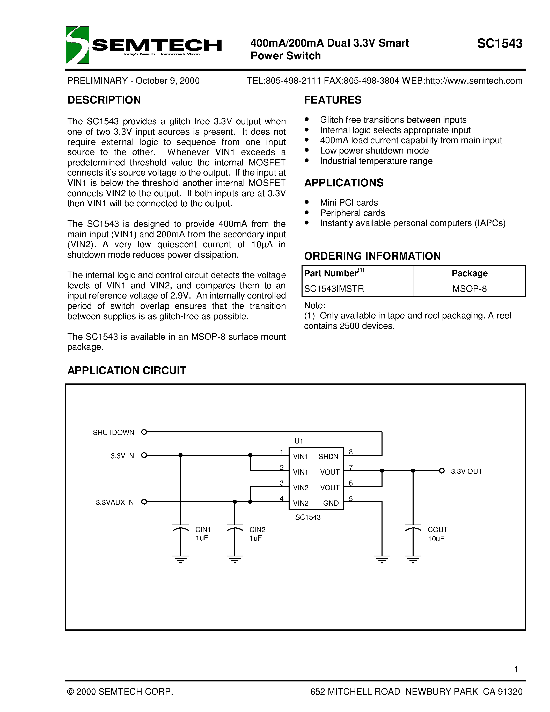 Datasheet SC1543 - 400mA/200mA Dual 3.3V Smart Power Switch page 1