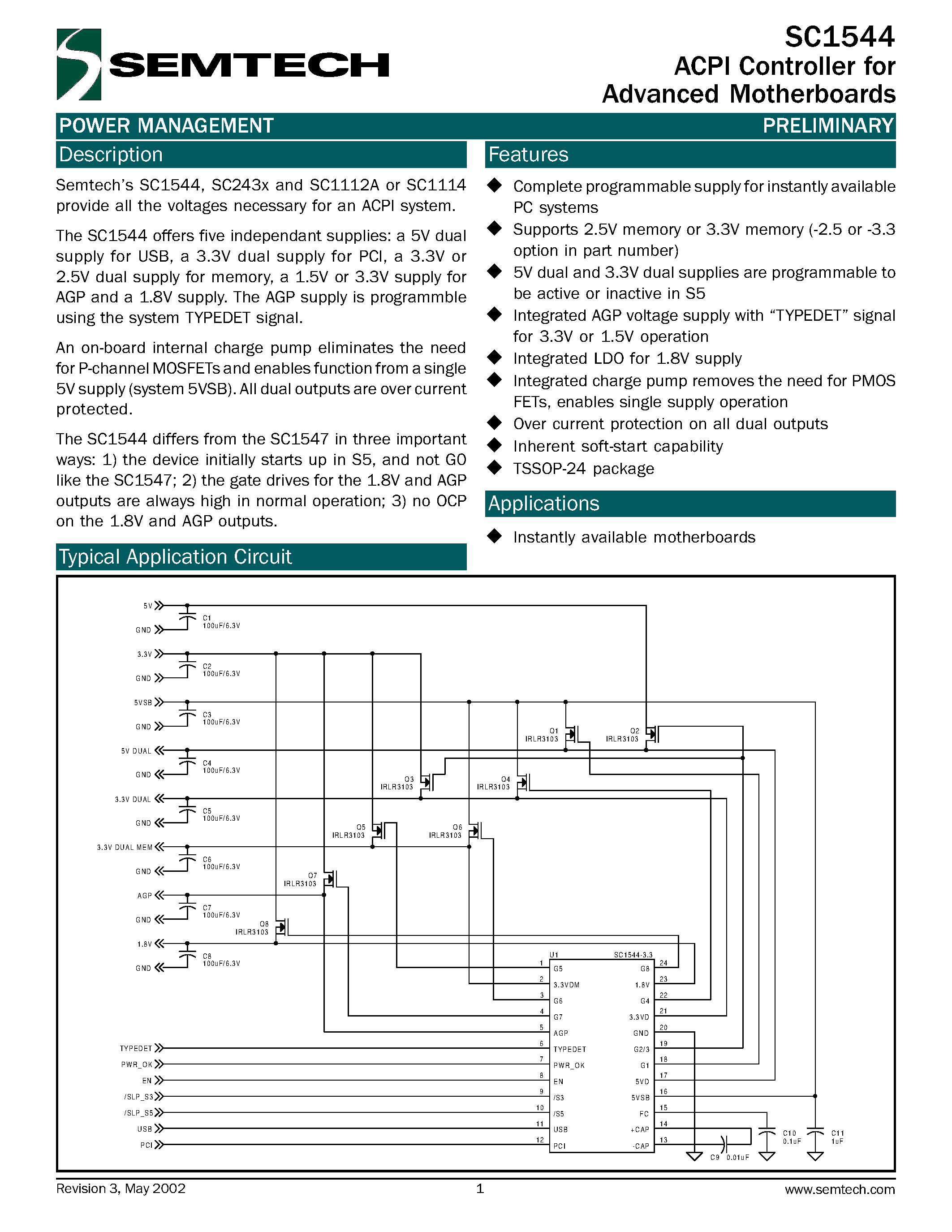 Даташит на микросхему SC1544EVB страница 1 Даташит SC1544EVB - ACPI Controller for Advanced Motherboards страница 1