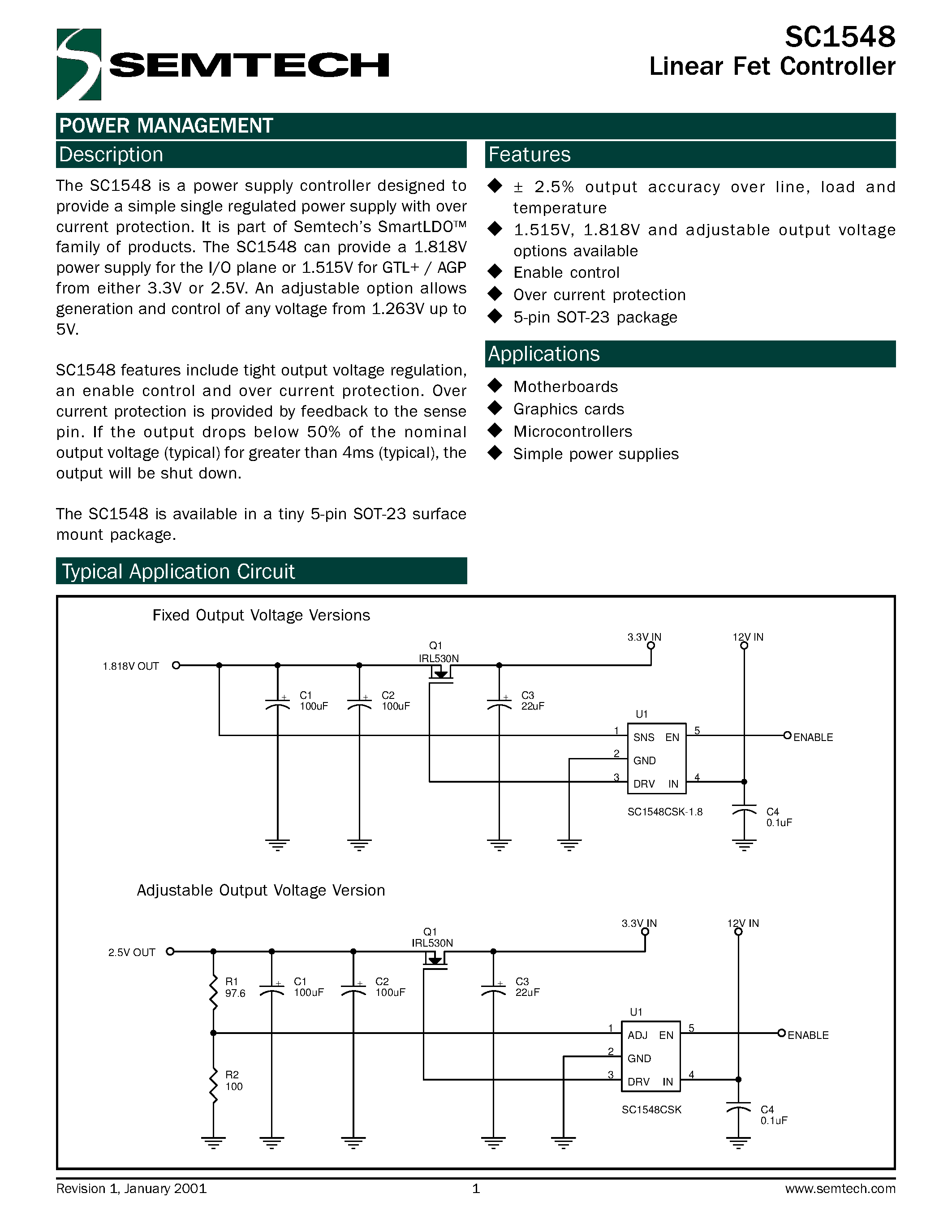 Datasheet SC1548CSK-1.5TR - Linear Fet Controller page 1
