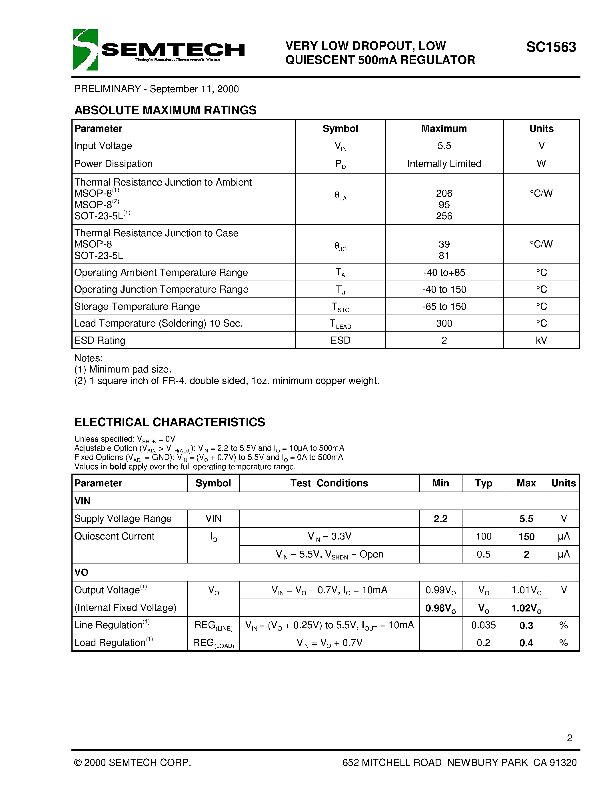 Datasheet SC1563ISK-1.8 page 2 Datasheet SC1563ISK-1.8 - VERY LOW DROPOUT/ LOW QUIESCENT 500mA REGULATOR page 2