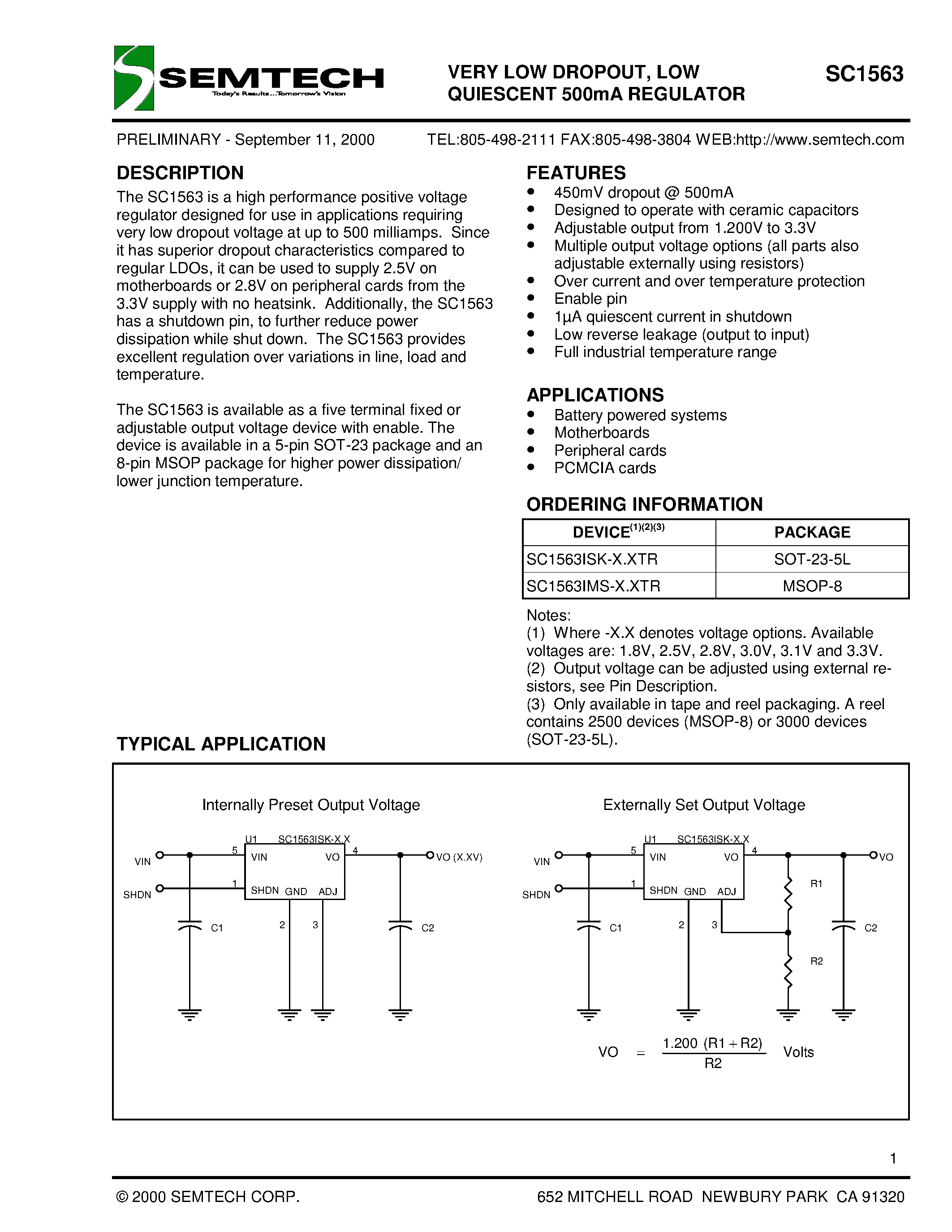 Datasheet SC1563ISK-3.1 - VERY LOW DROPOUT/ LOW QUIESCENT 500mA REGULATOR page 1