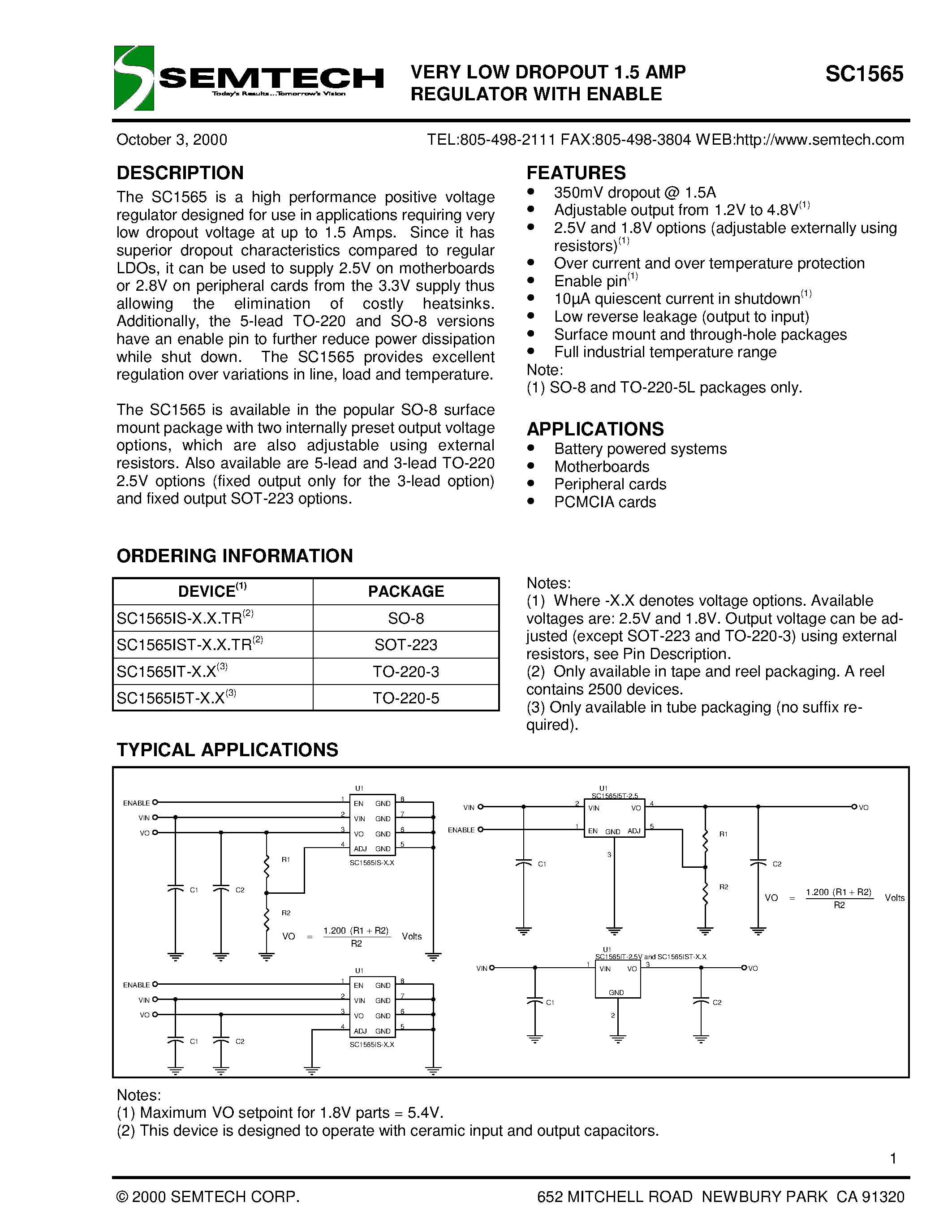 Datasheet SC1565I5T-2.5 - VERY LOW DROPOUT 1.5 AMP REGULATOR WITH ENABLE page 1