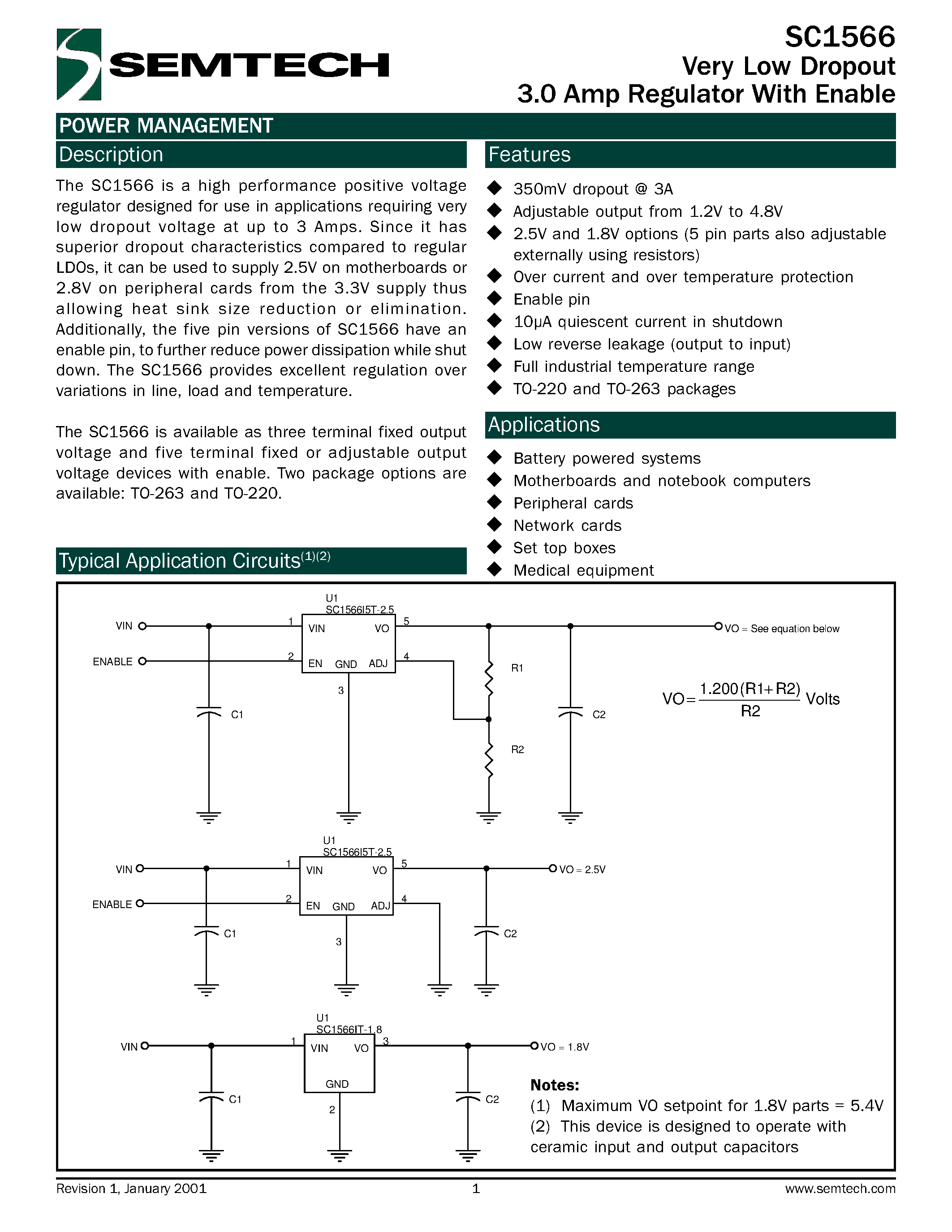 Datasheet SC1566I5T-1.8 - Very Low Dropout 3.0 Amp Regulator With Enable page 1