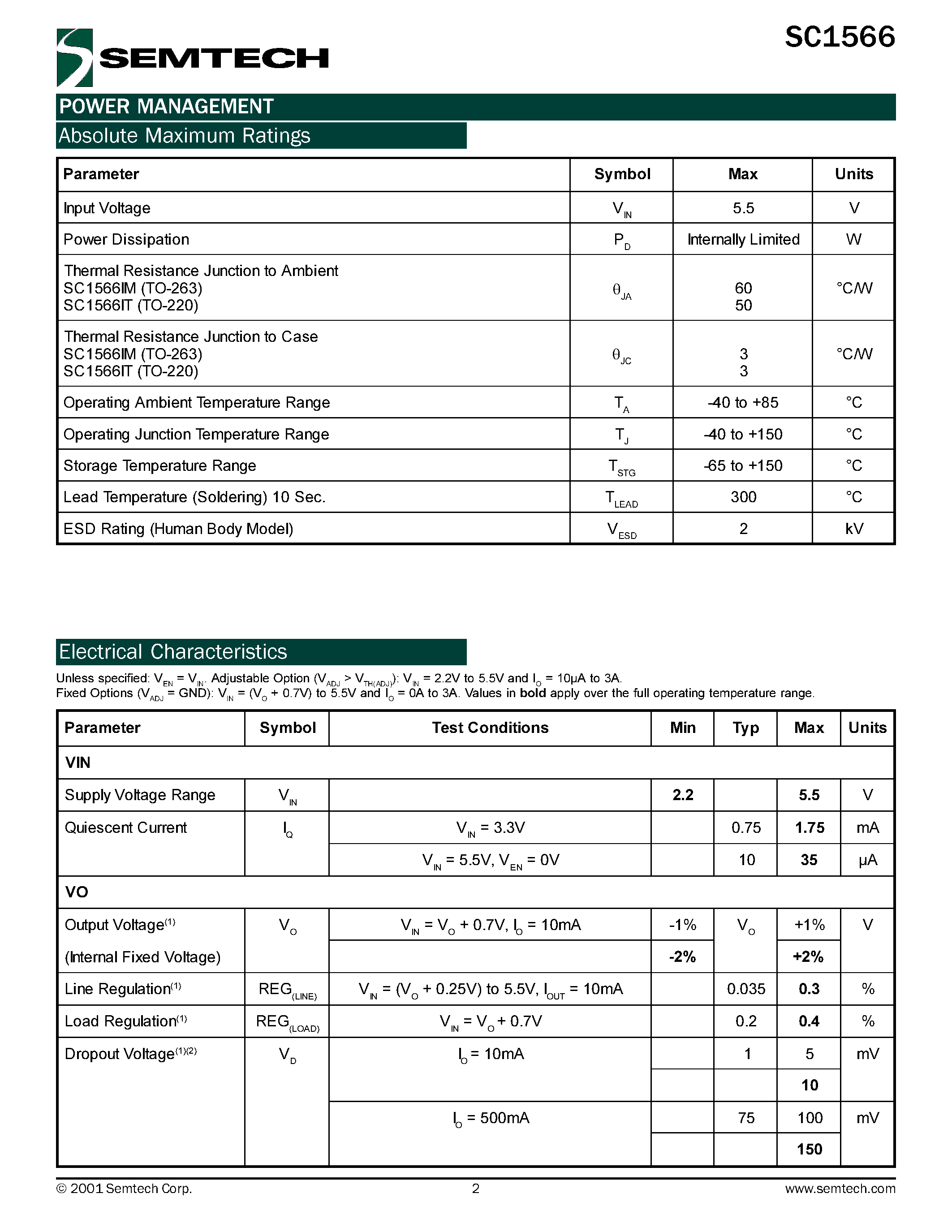 Datasheet SC1566IM-2.5TR - Very Low Dropout 3.0 Amp Regulator With Enable page 2