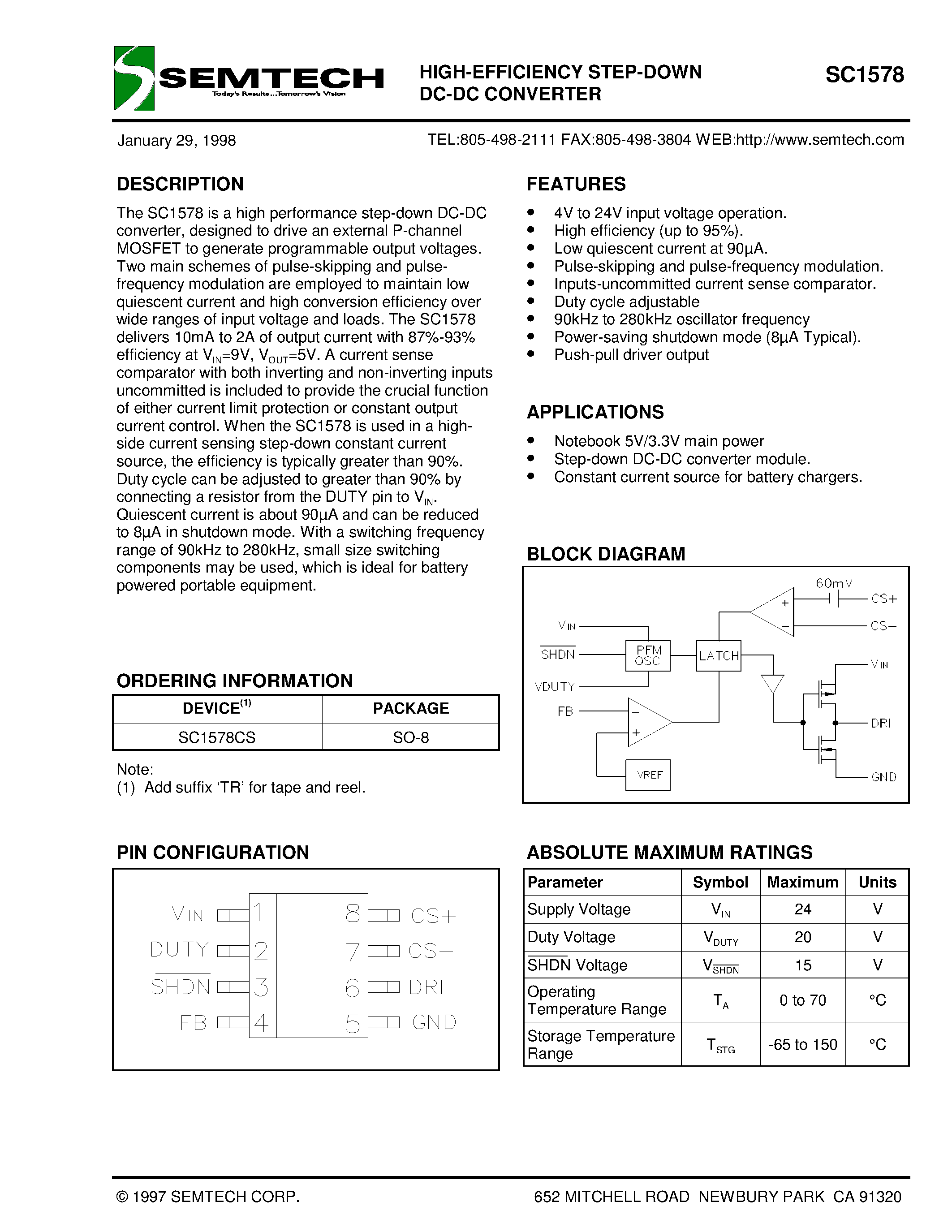 Datasheet SC1578 - HIGH-EFFICIENCY STEP-DOWN DC-DC CONVERTER page 1