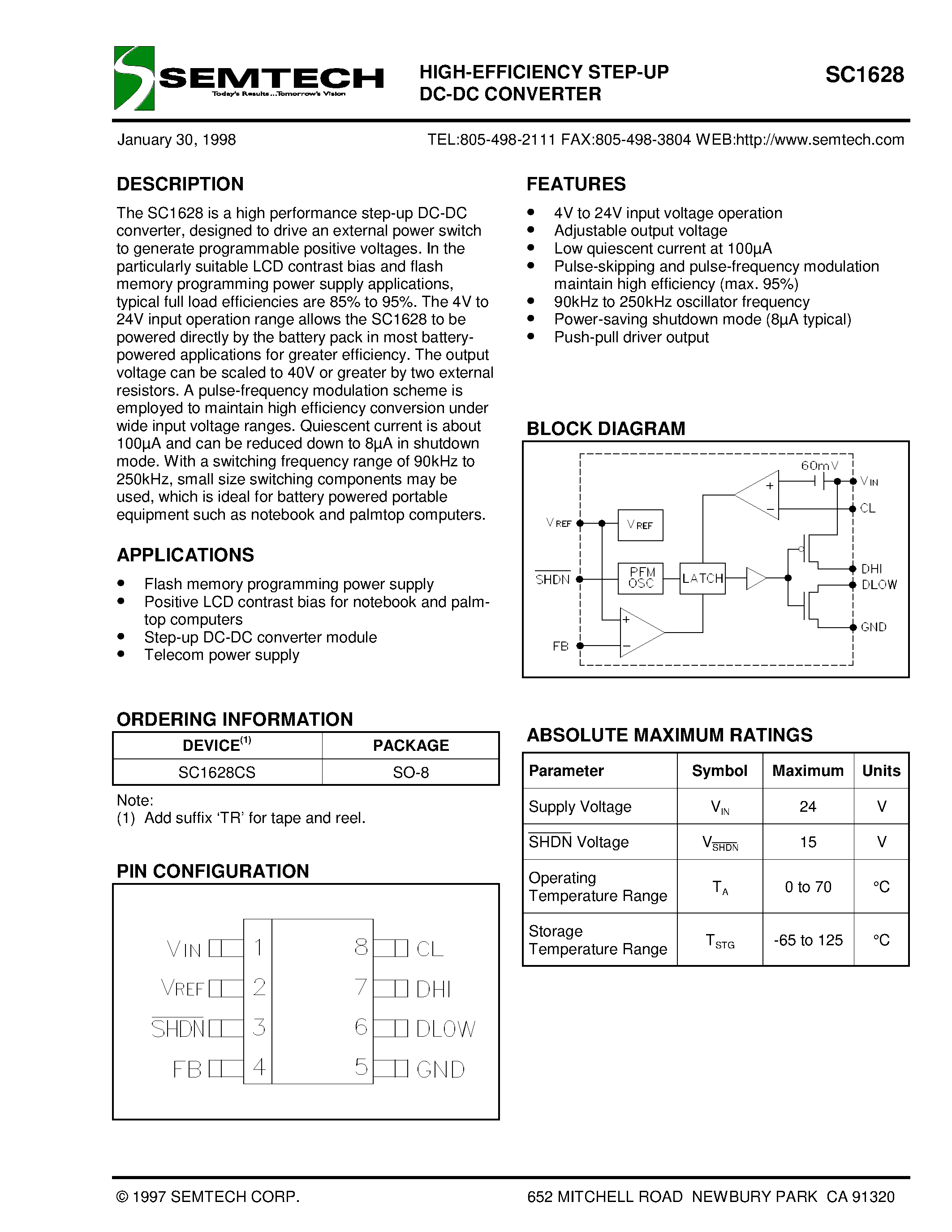 Datasheet SC1628 page 1 Datasheet SC1628 - HIGH-EFFICIENCY STEP-UP DC-DC CONVERTER page 1