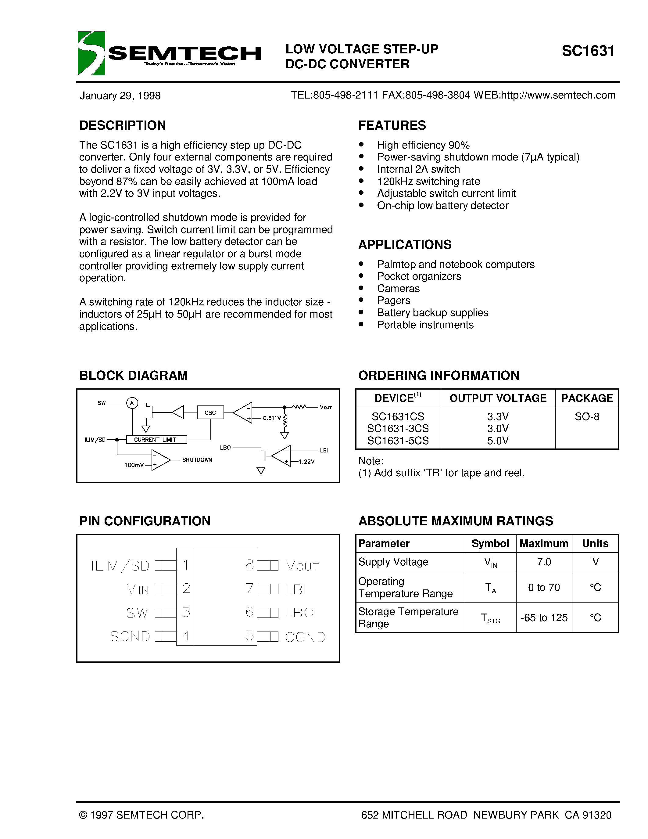 Datasheet SC1631-5CS - LOW VOLTAGE STEP-UP DC-DC CONVERTER page 1