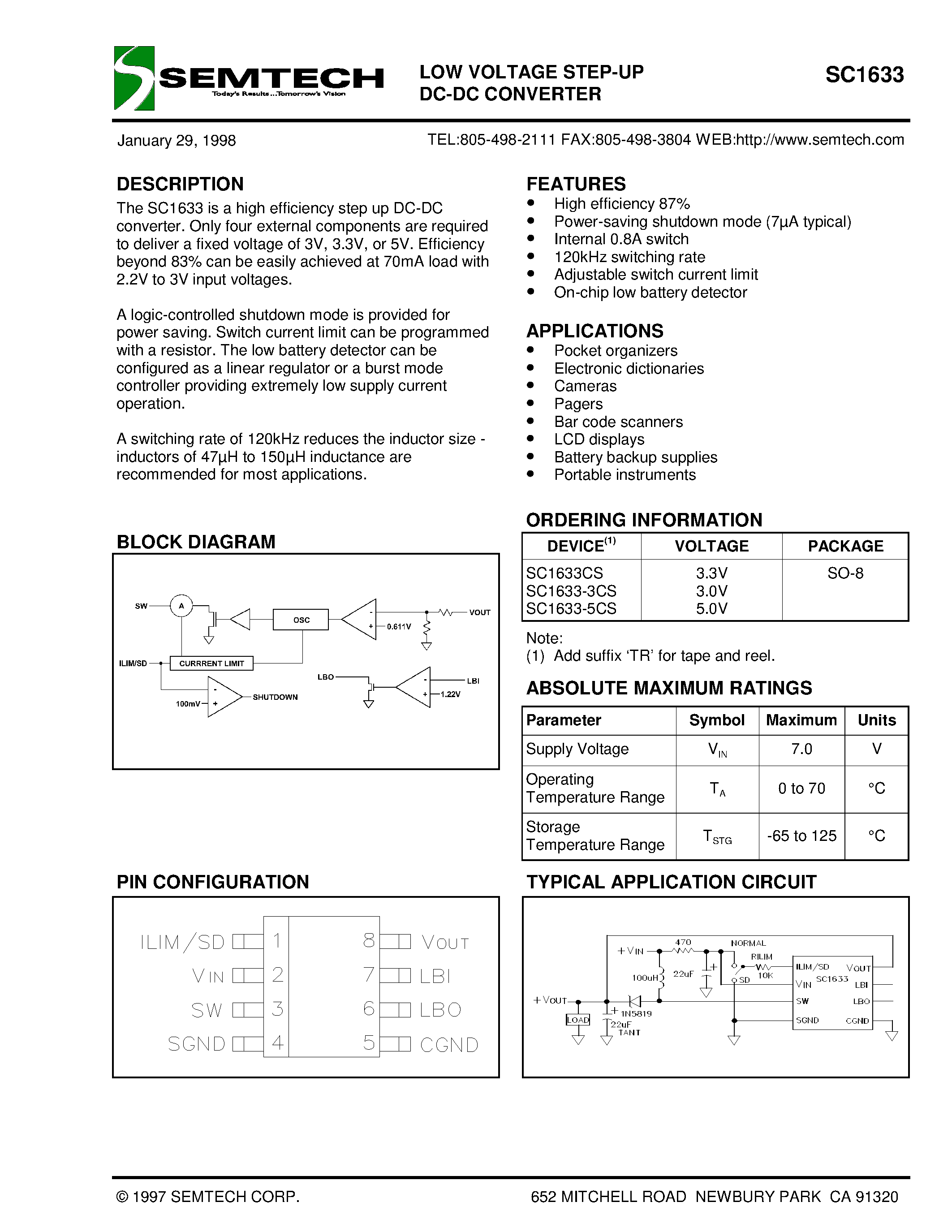 Datasheet SC1633 - LOW VOLTAGE STEP-UP DC-DC CONVERTER page 1