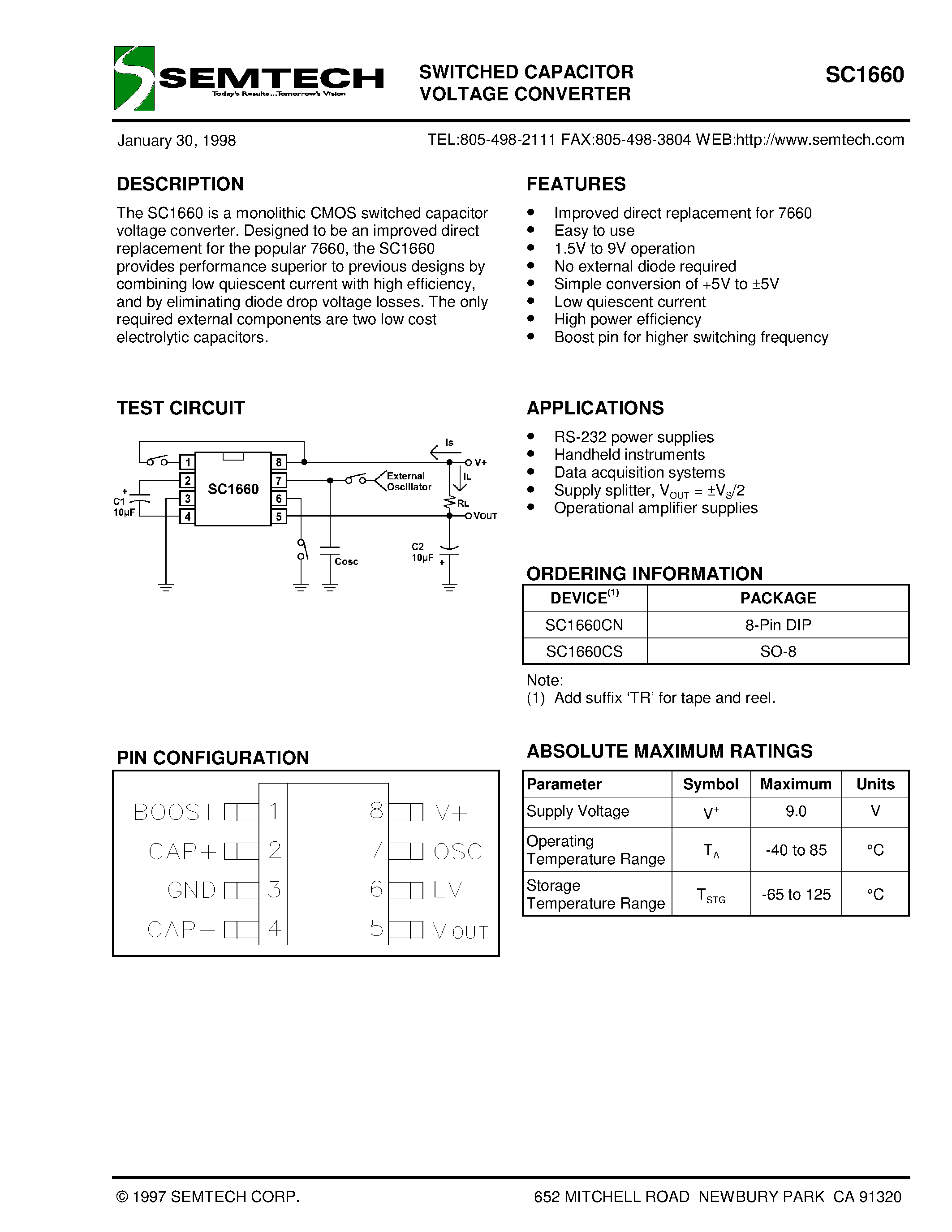 Datasheet SC1660CN - SWITCHED CAPACITOR VOLTAGE CONVERTER page 1
