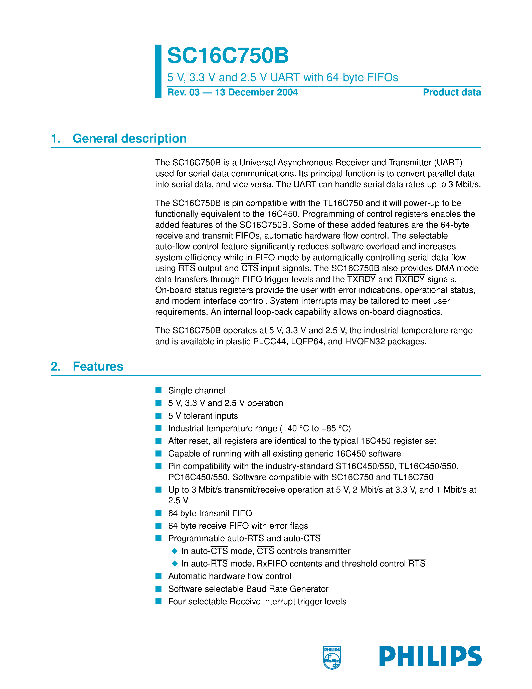 Datasheet SC16C750B - 5 V/ 3.3 V and 2.5 V UART with 64-byte FIFOs page 1