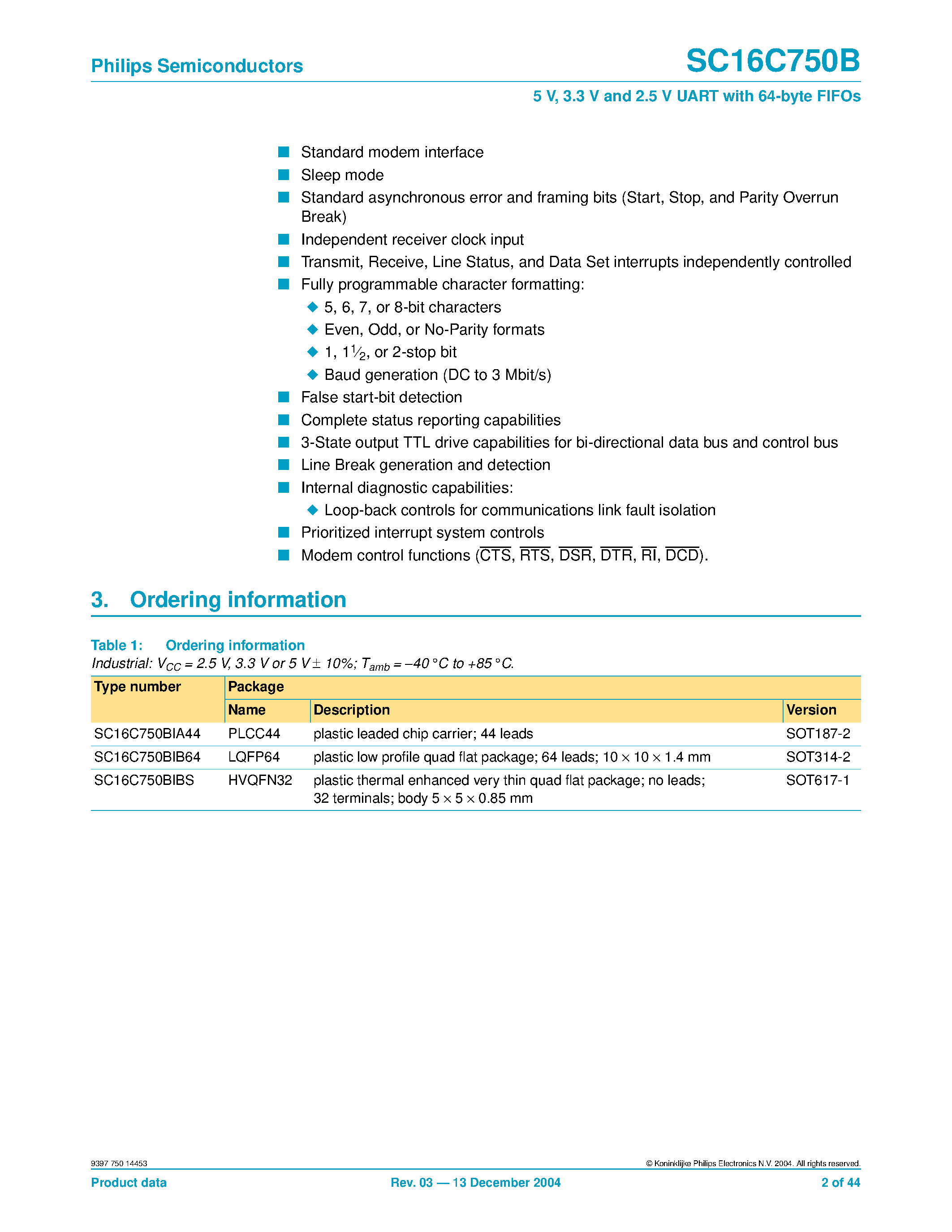 Datasheet SC16C750B - 5 V/ 3.3 V and 2.5 V UART with 64-byte FIFOs page 2