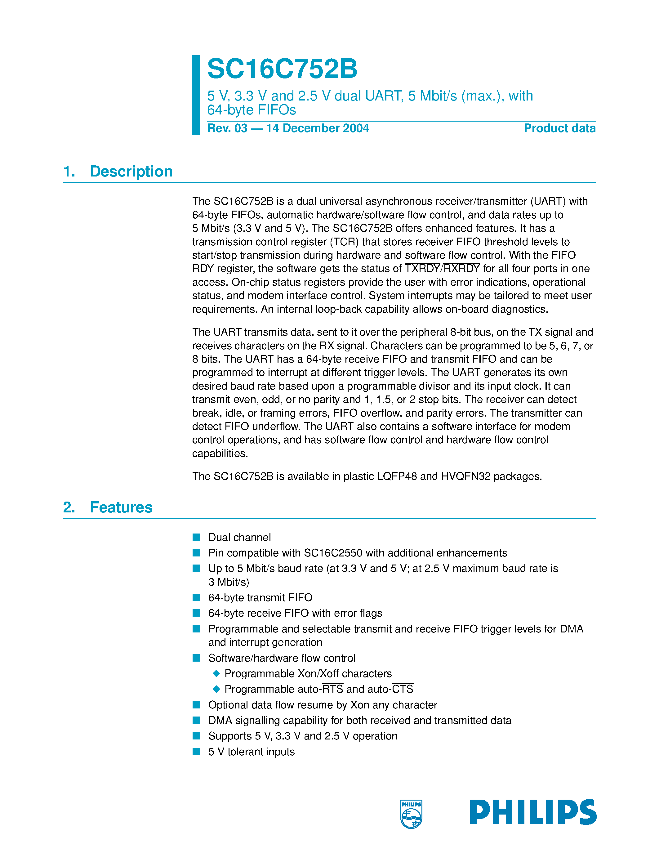 Datasheet SC16C752B - 5 V/ 3.3 V and 2.5 V dual UART/ 5 Mbit/s (max.)/ with 64-byte FIFOs page 1