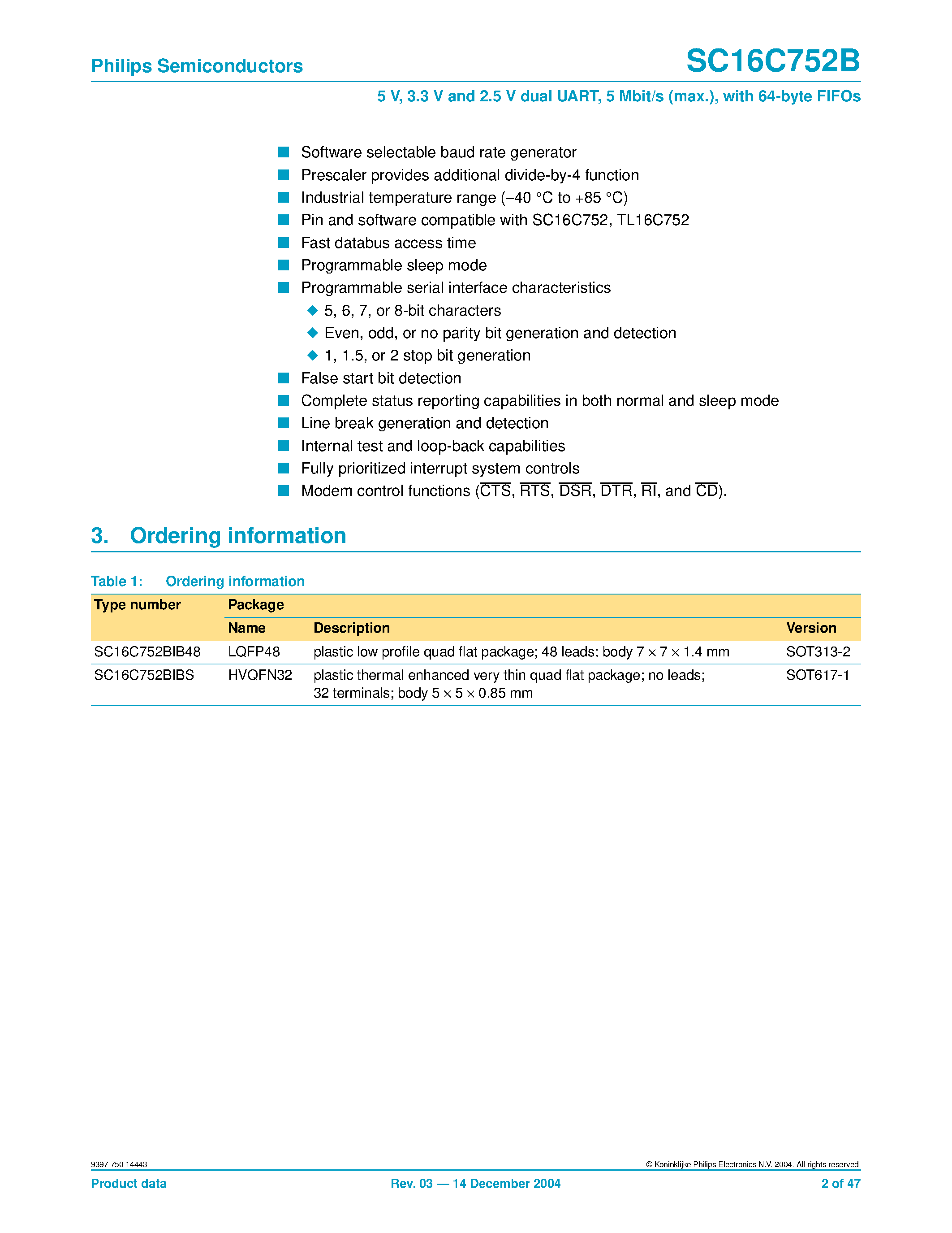 Datasheet SC16C752B - 5 V/ 3.3 V and 2.5 V dual UART/ 5 Mbit/s (max.)/ with 64-byte FIFOs page 2