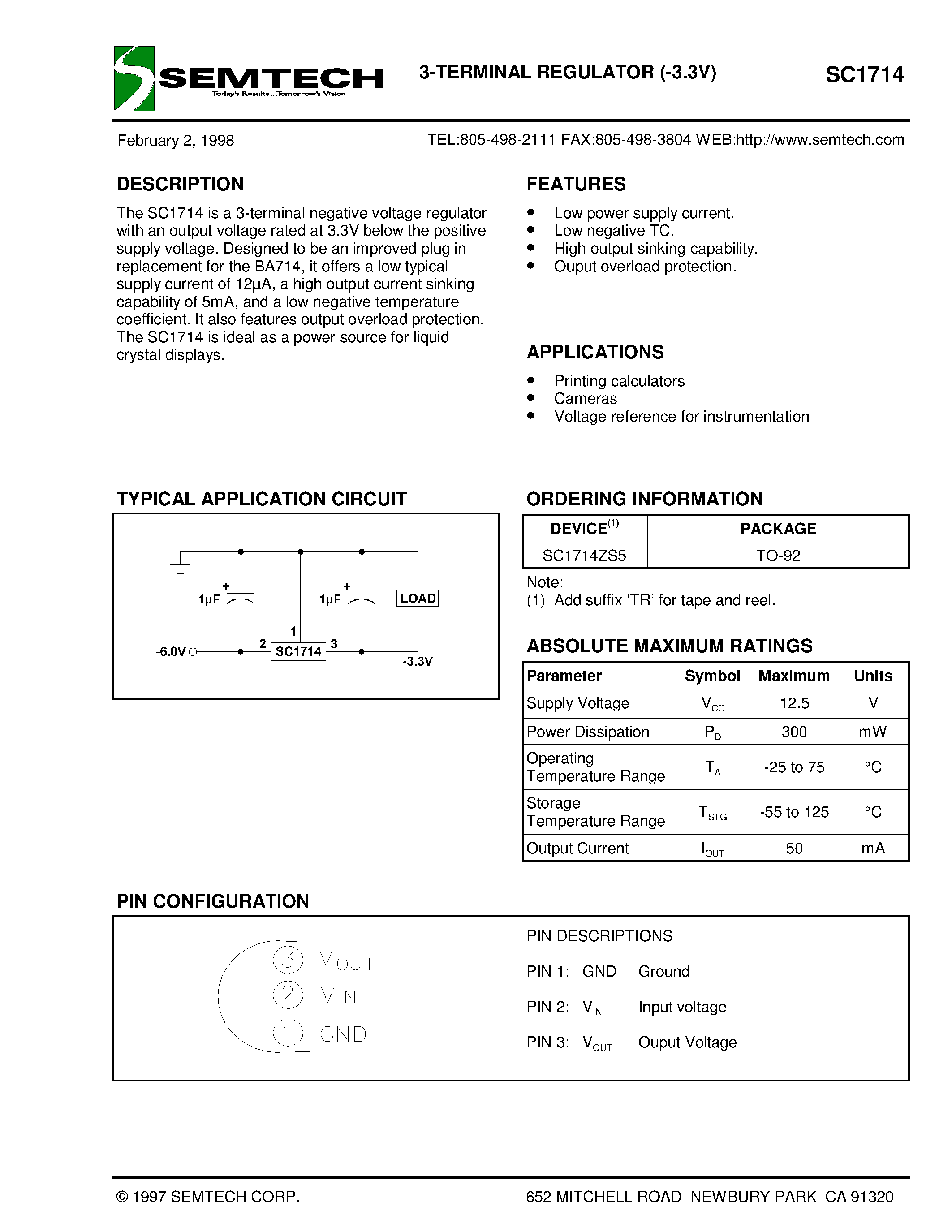 Datasheet SC1714ZS5 - 3-TERMINAL REGULATOR (-3.3V) page 1