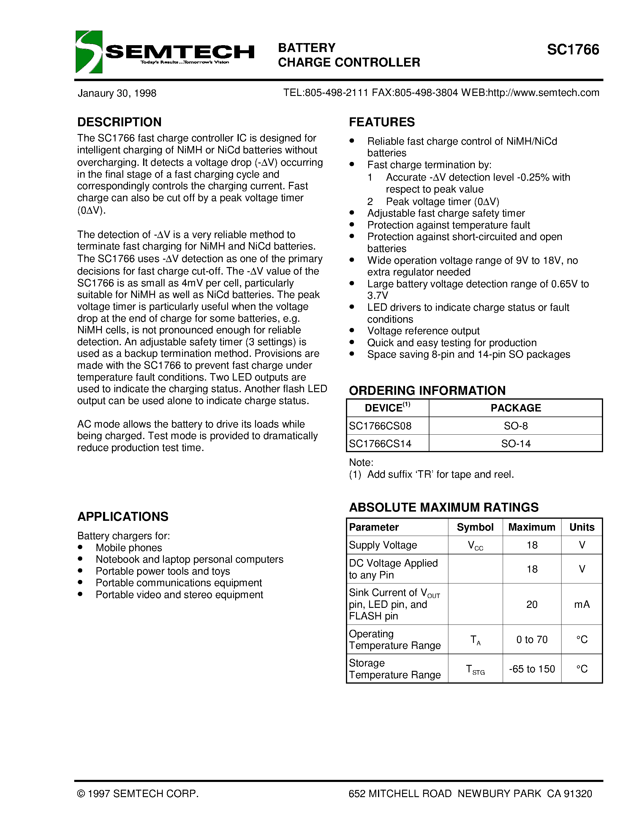 Datasheet SC1766CS14 - BATTERY CHARGE CONTROLLER page 1