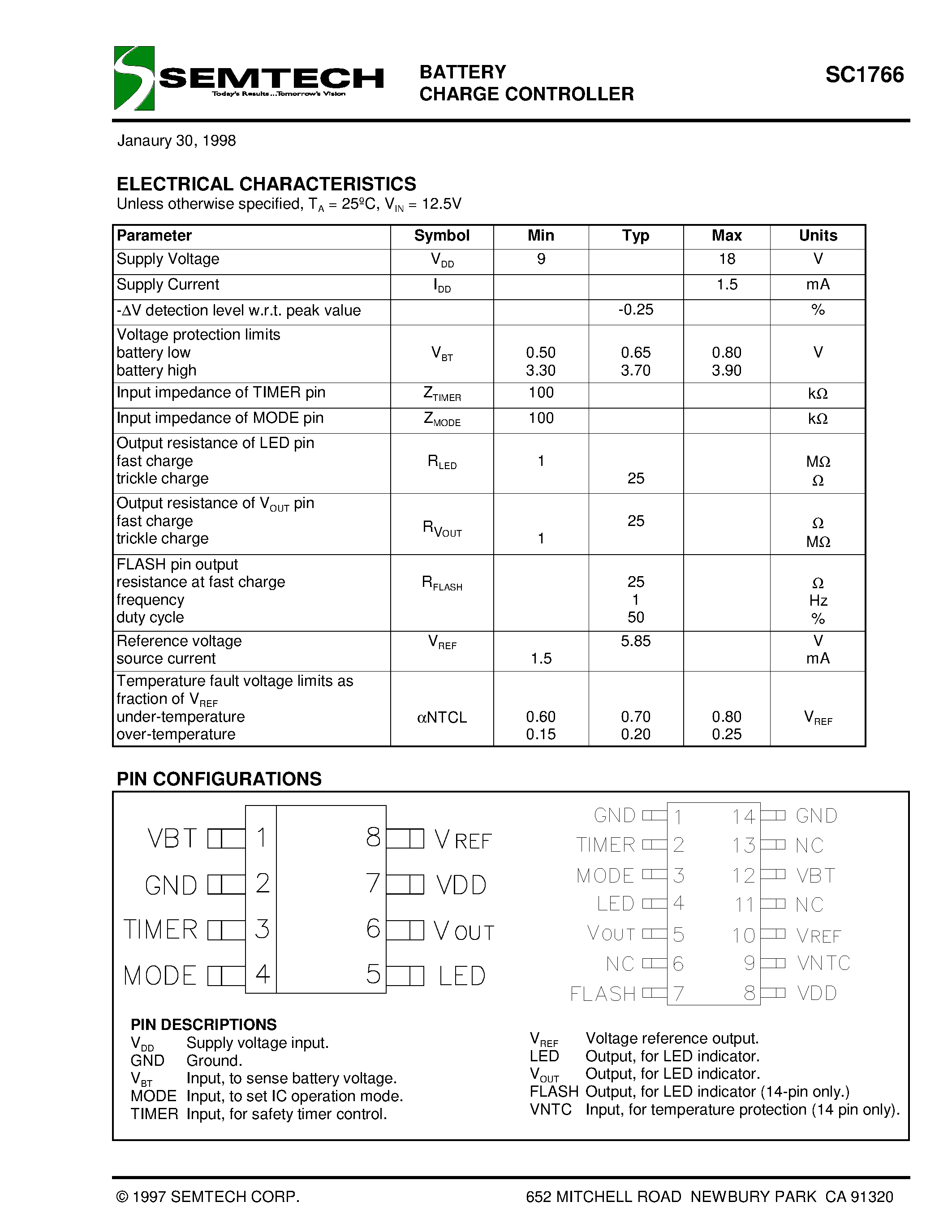 Datasheet SC1766CS14 - BATTERY CHARGE CONTROLLER page 2