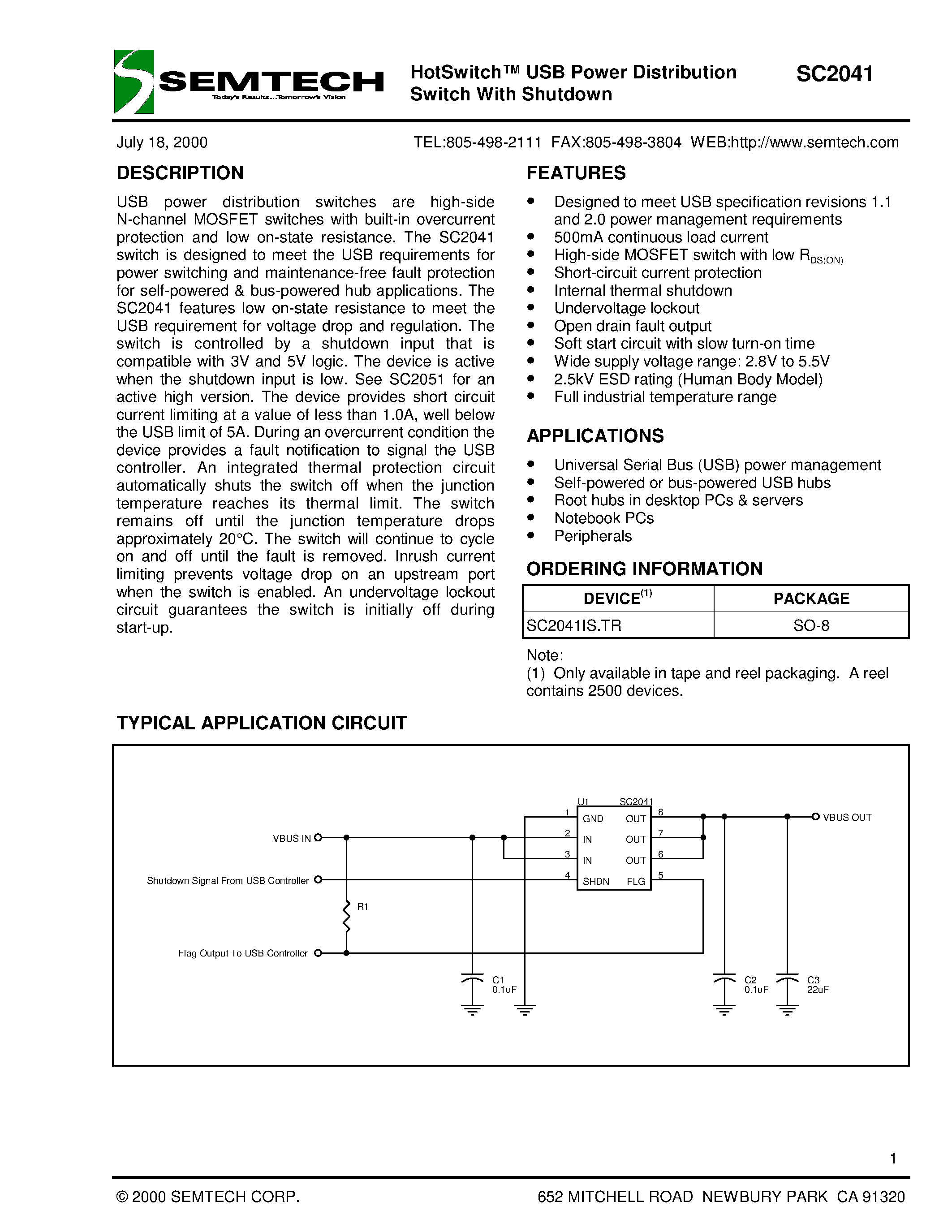 Datasheet SC2041 page 1 Datasheet SC2041 - HotSwitch USB Power Distribution Switch With Shutdown page 1