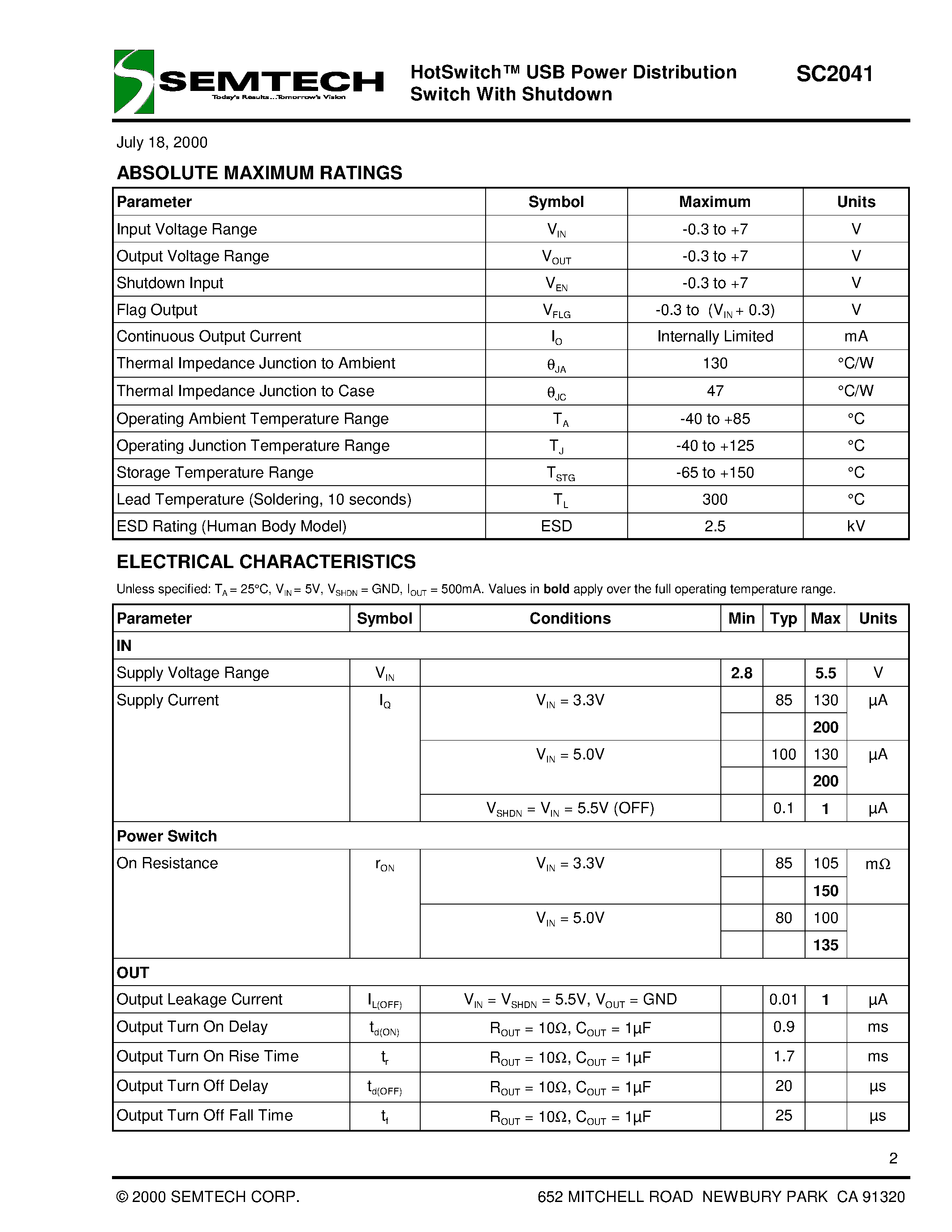Datasheet SC2041 page 2 Datasheet SC2041 - HotSwitch USB Power Distribution Switch With Shutdown page 2