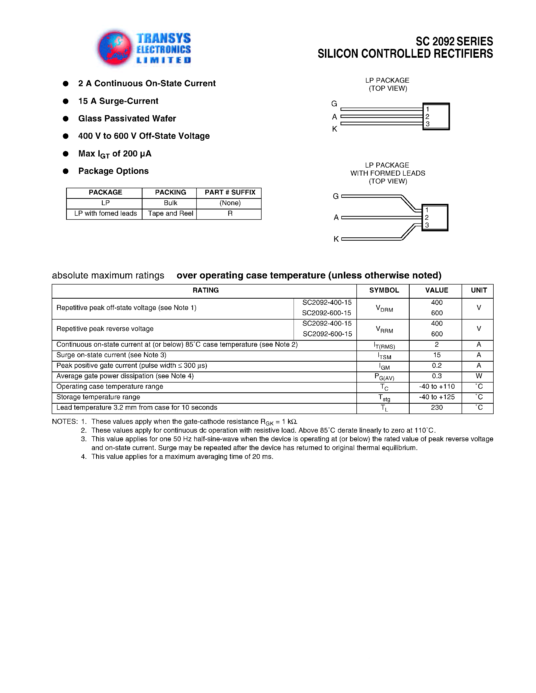Datasheet SC2092 page 1 Datasheet SC2092 - SILICON CONTROLLED RECTIFIERS page 1