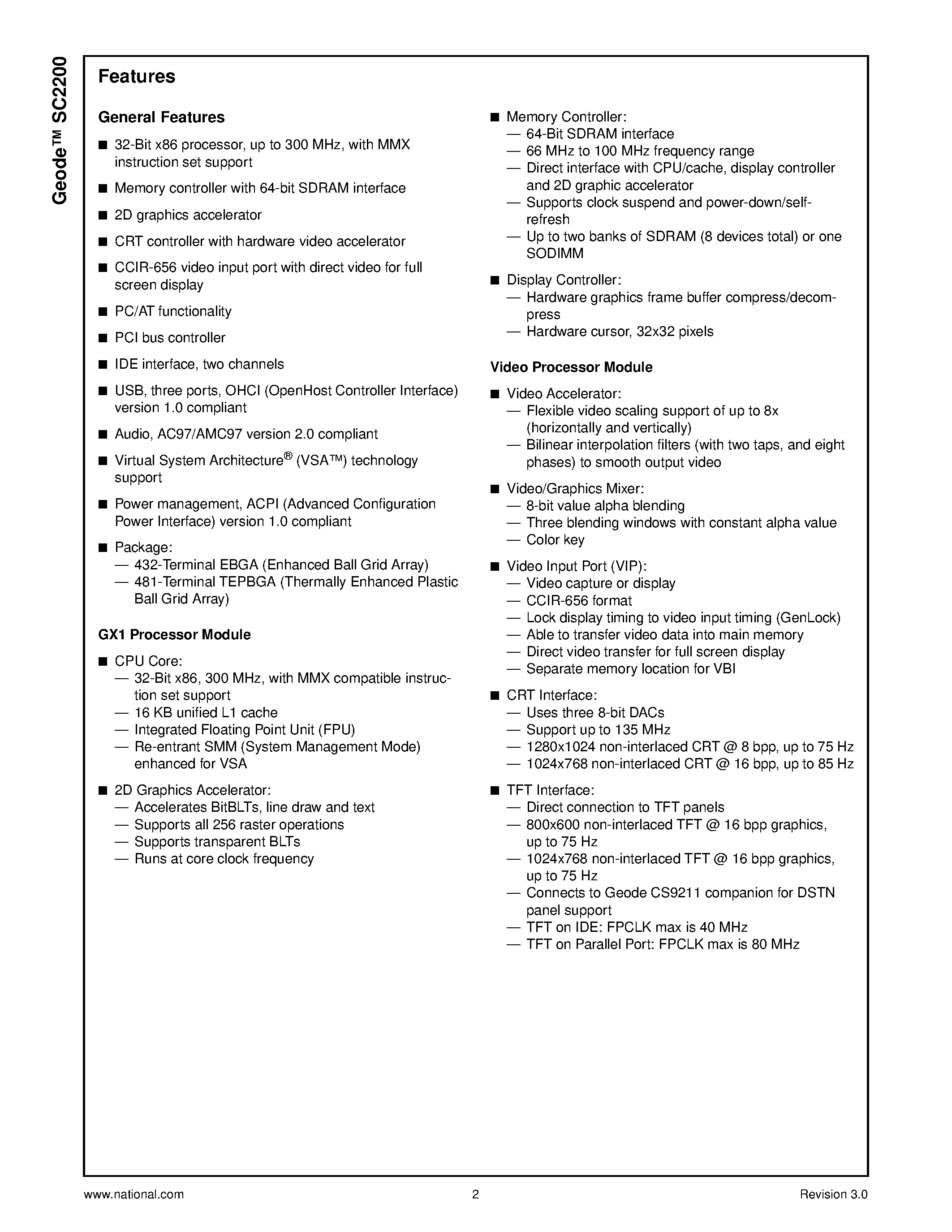 Datasheet SC2200UFH-233 page 2 Datasheet SC2200UFH-233 - Thin Client On a Chip page 2