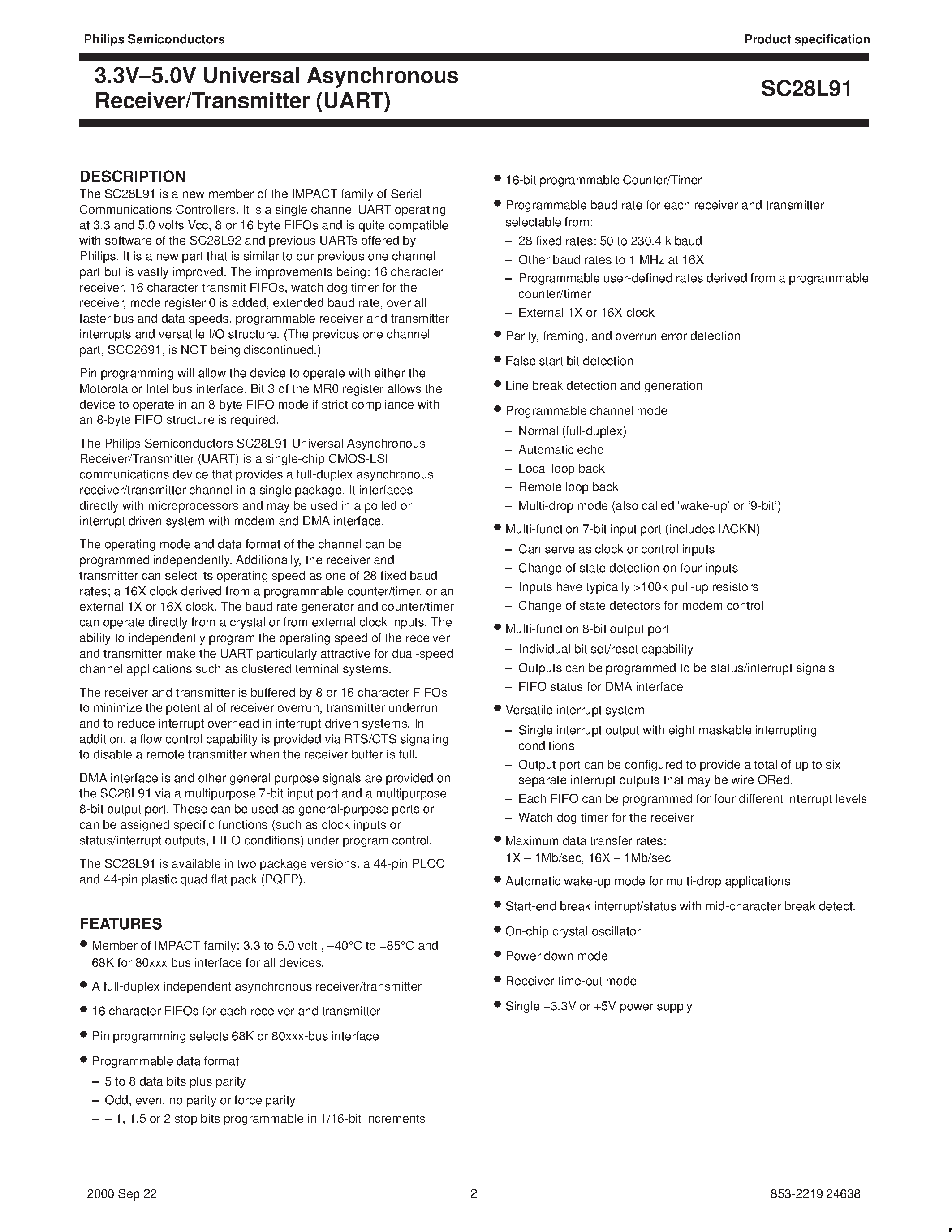 Datasheet SC28L91A1B - 3.3V-5.0V Universal Asynchronous Receiver/Transmitter (UART) page 2