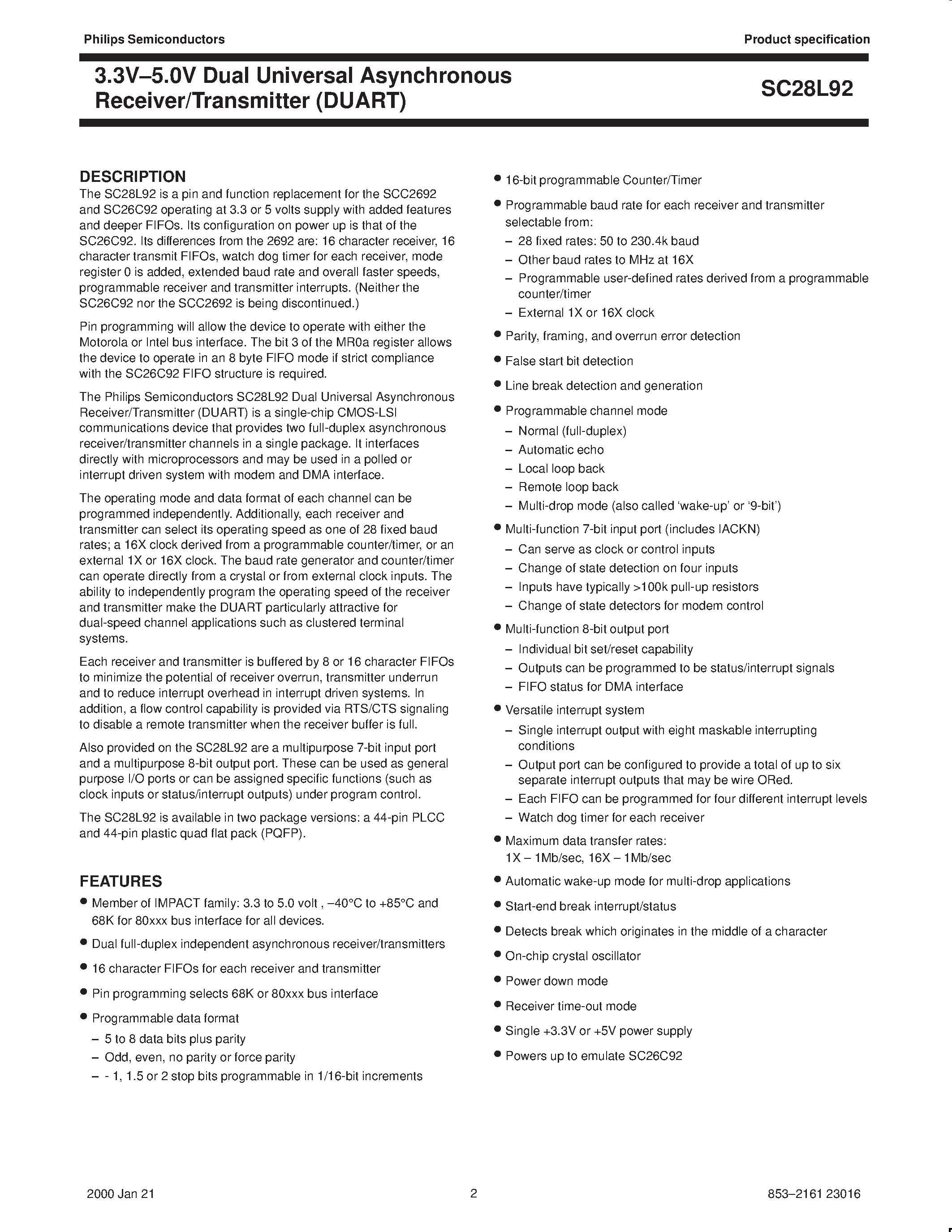 Datasheet SC28L92A1B - 3.3V-5.0V Dual Universal Asynchronous Receiver/Transmitter DUART page 2