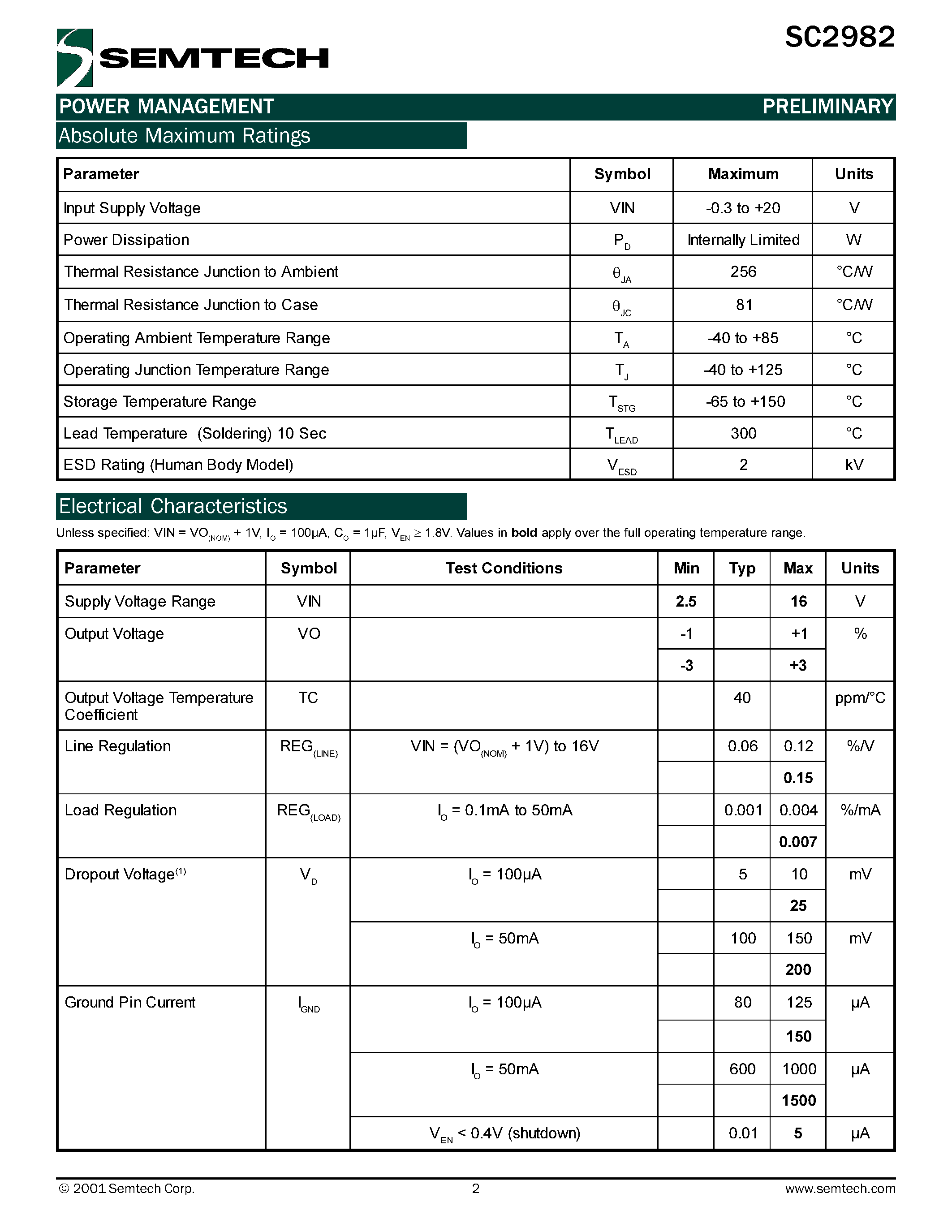 Datasheet SC2982CSK-2.5TR - 50mA Ultra Low Dropout/ Low Noise Micropower Linear Regulator page 2
