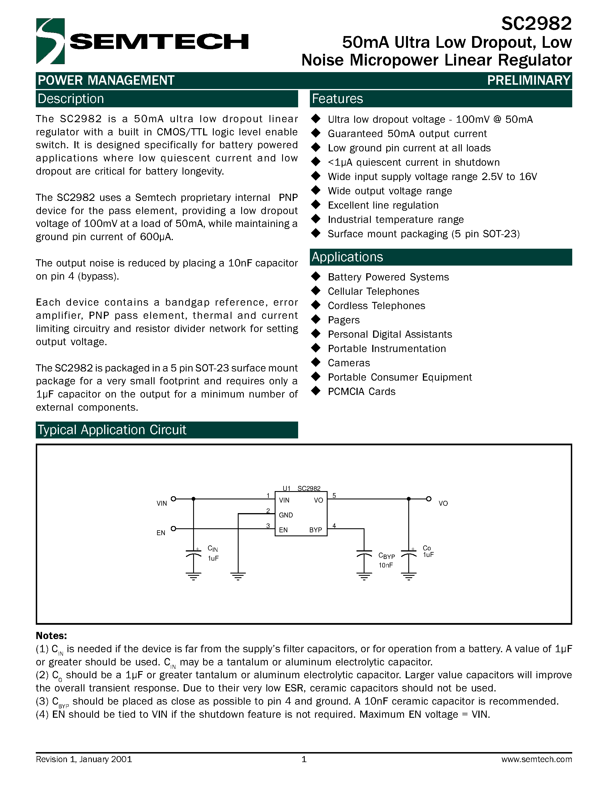 Datasheet SC2982CSK-2.8TR - 50mA Ultra Low Dropout/ Low Noise Micropower Linear Regulator page 1
