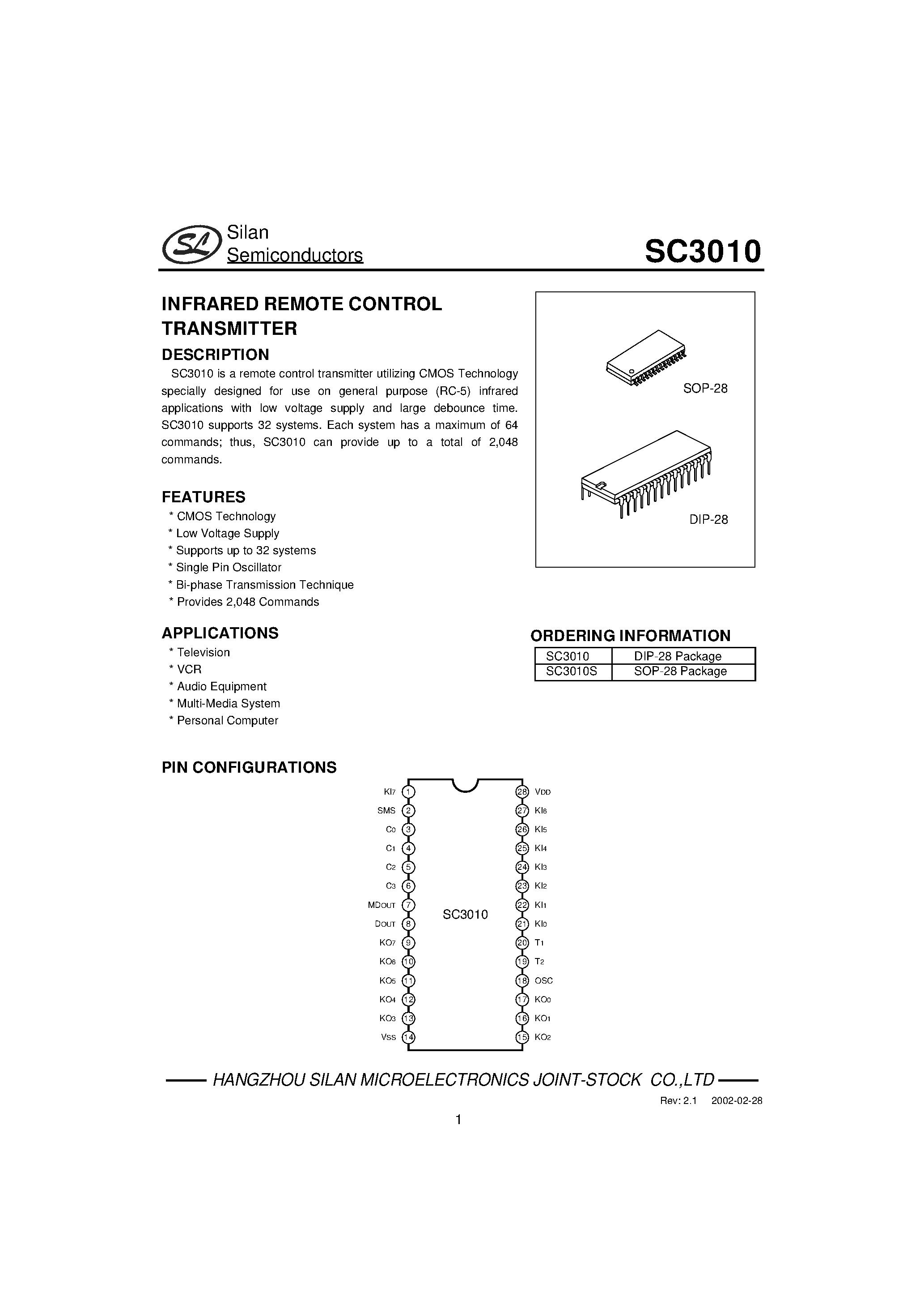 Даташит на микросхему SC3010S страница 1 Даташит SC3010S - INFRARED REMOTE CONTROL TRANSMITTER страница 1