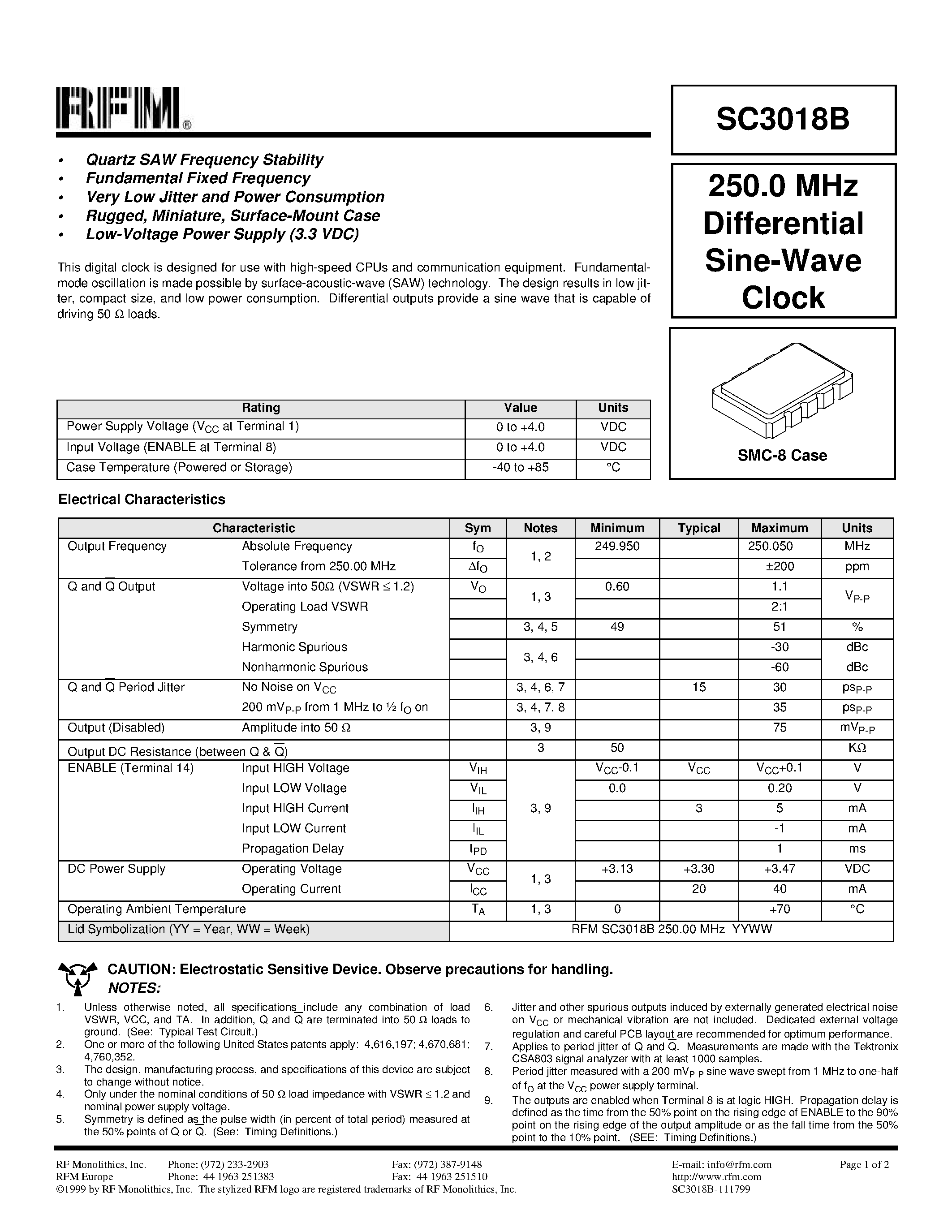 Даташит на микросхему sc3018b страница 1 Даташит sc3018b - Quartz SAW Frequency Stability страница 1