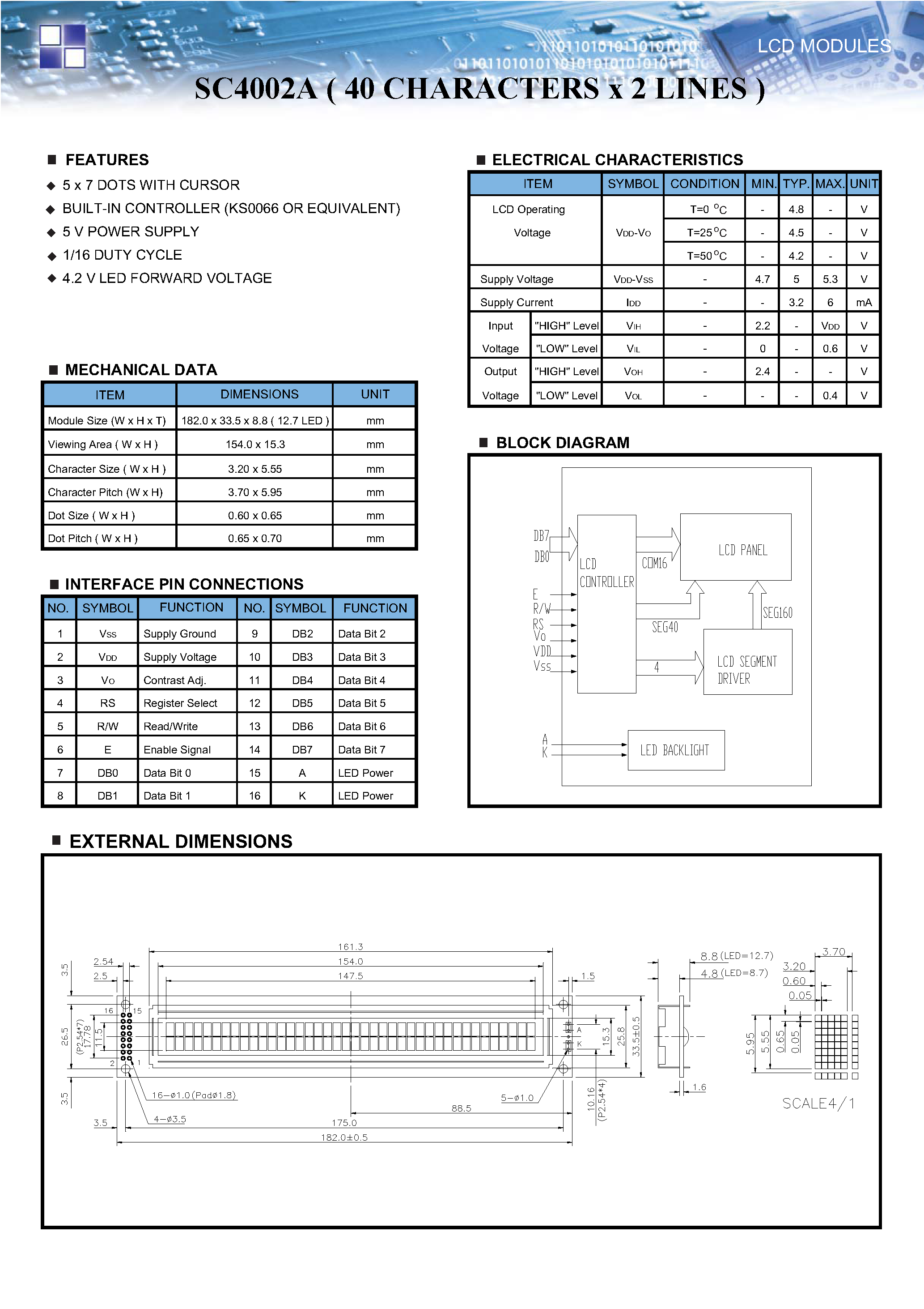 Datasheet SC4002A - LCD MODULES SC4002A ( 40 CHARACTERS x 2 LINES ) page 1