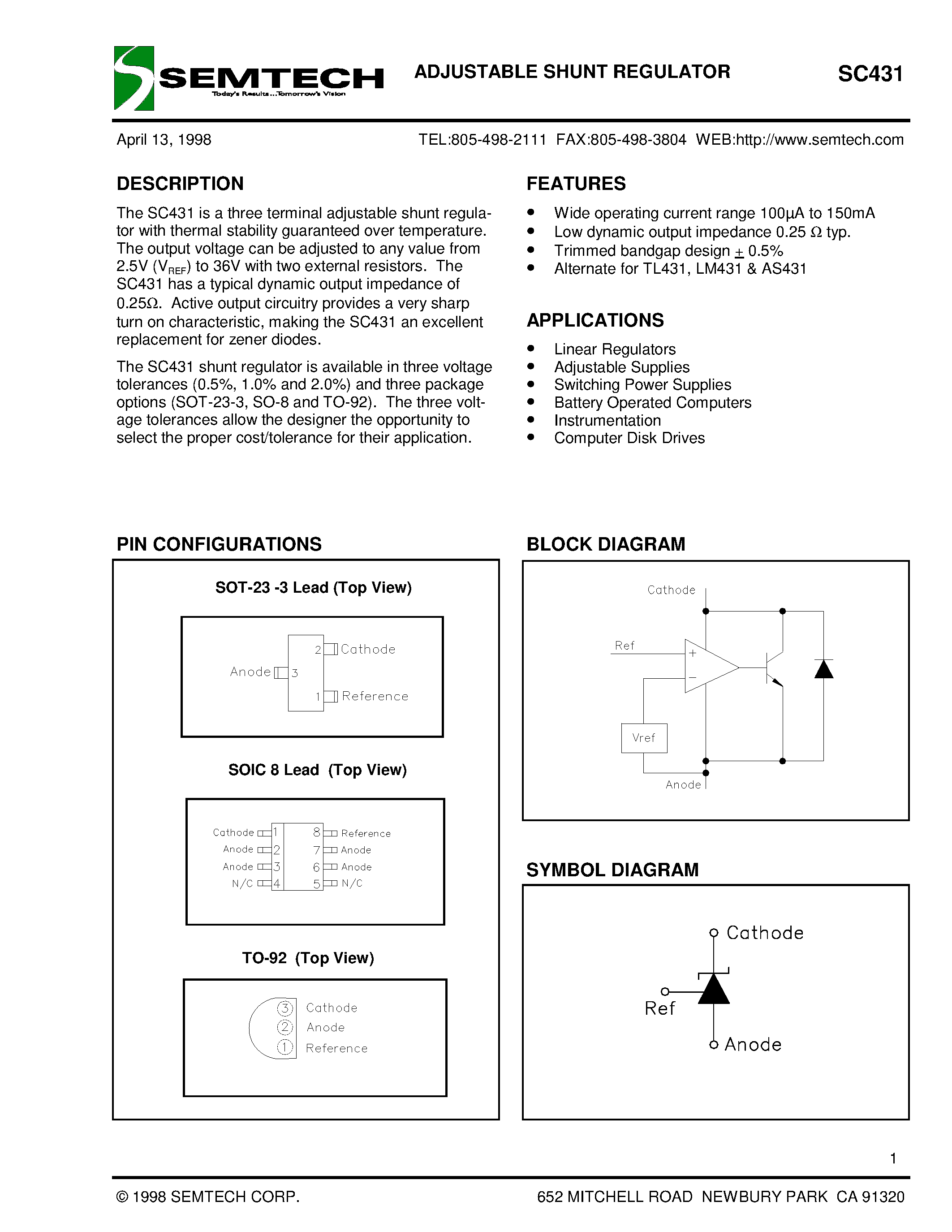 Datasheet SC431CS-5 - ADJUSTABLE SHUNT REGULATOR page 1