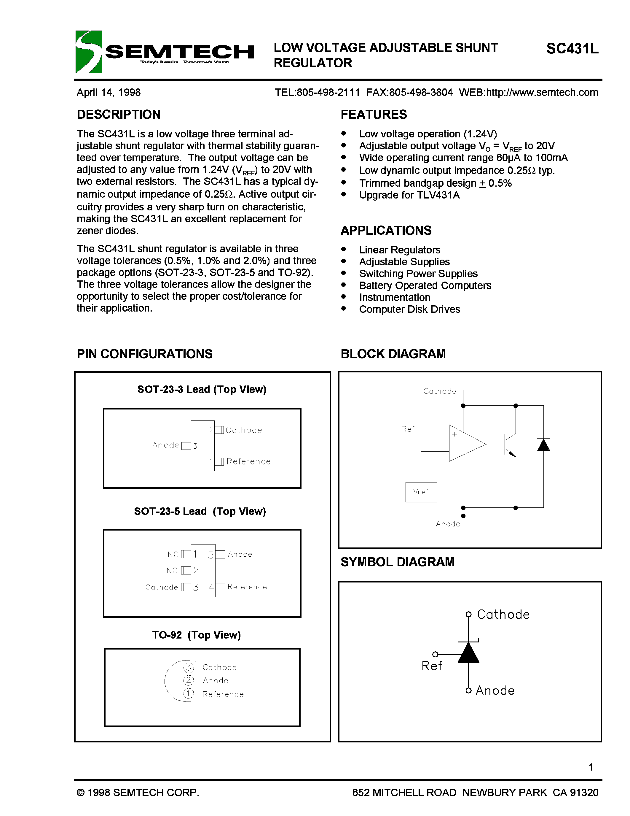 Datasheet SC431LCSK-1 - LOW VOLTAGE ADJUSTABLE SHUNT REGULATOR page 1