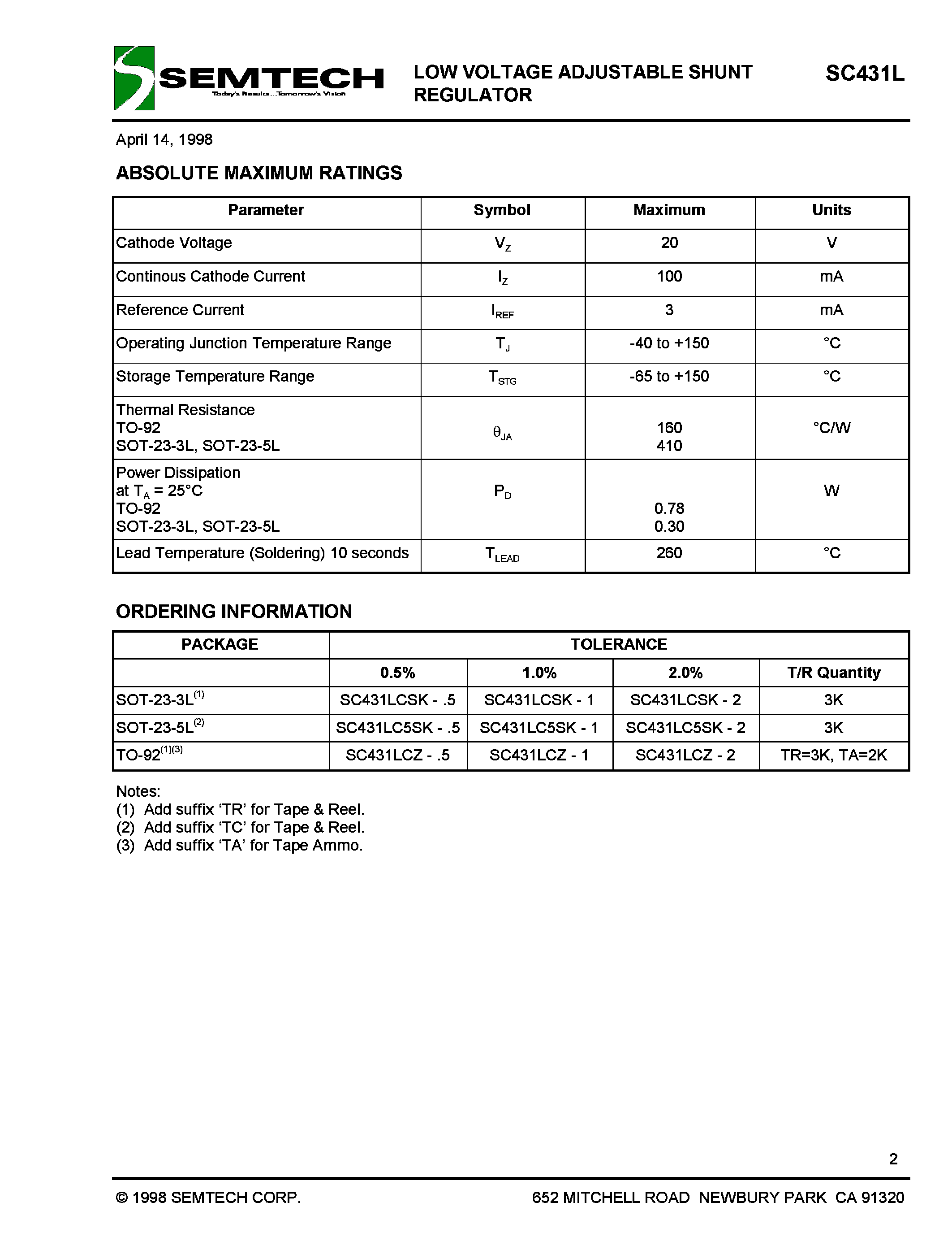 Datasheet SC431LCZ-1 - LOW VOLTAGE ADJUSTABLE SHUNT REGULATOR page 2