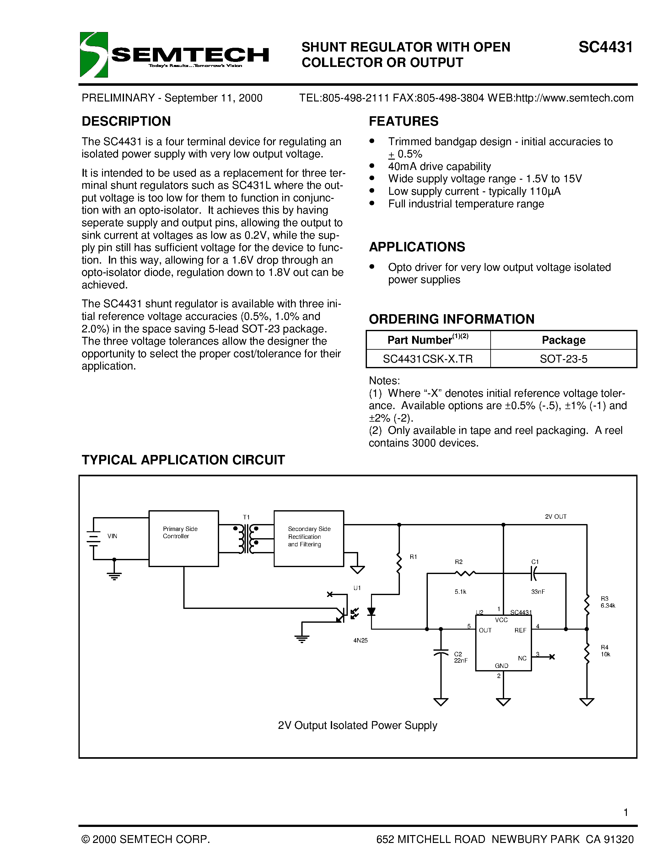 Datasheet SC4431CSK-0.5TR - SHUNT REGULATOR WITH OPEN COLLECTOR OR OUTPUT page 1