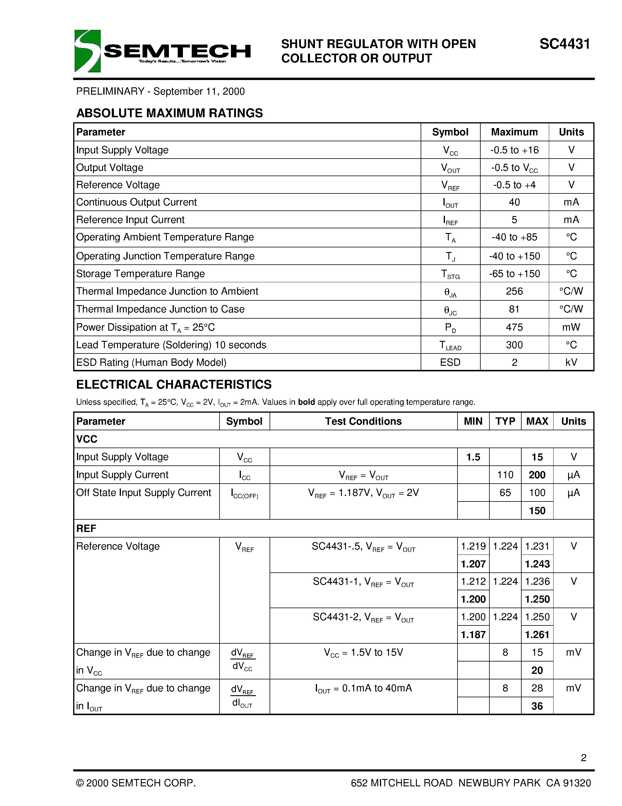 Datasheet SC4431CSK-0.5TR - SHUNT REGULATOR WITH OPEN COLLECTOR OR OUTPUT page 2