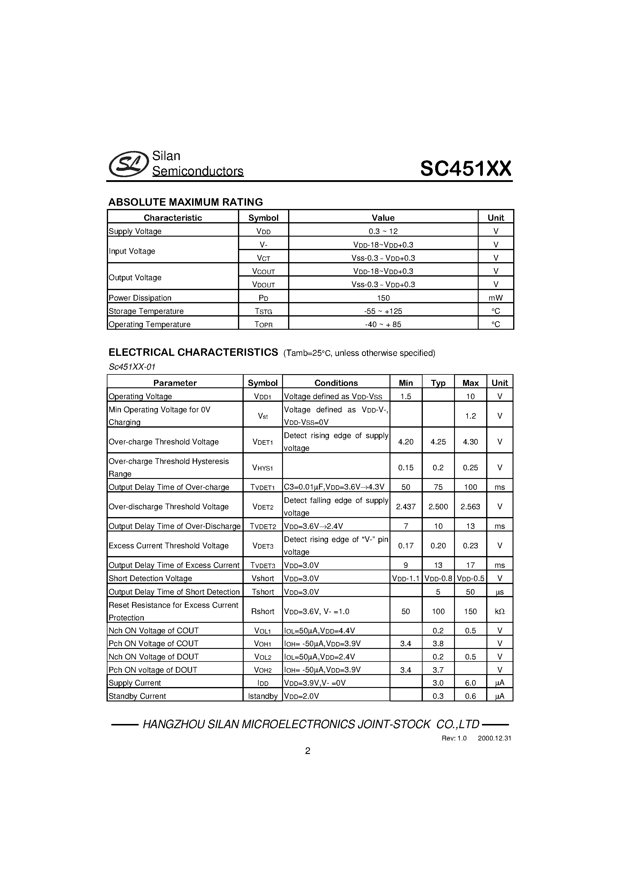 Datasheet SC451XX - LI-ION BATTERY PROTECTOR page 2
