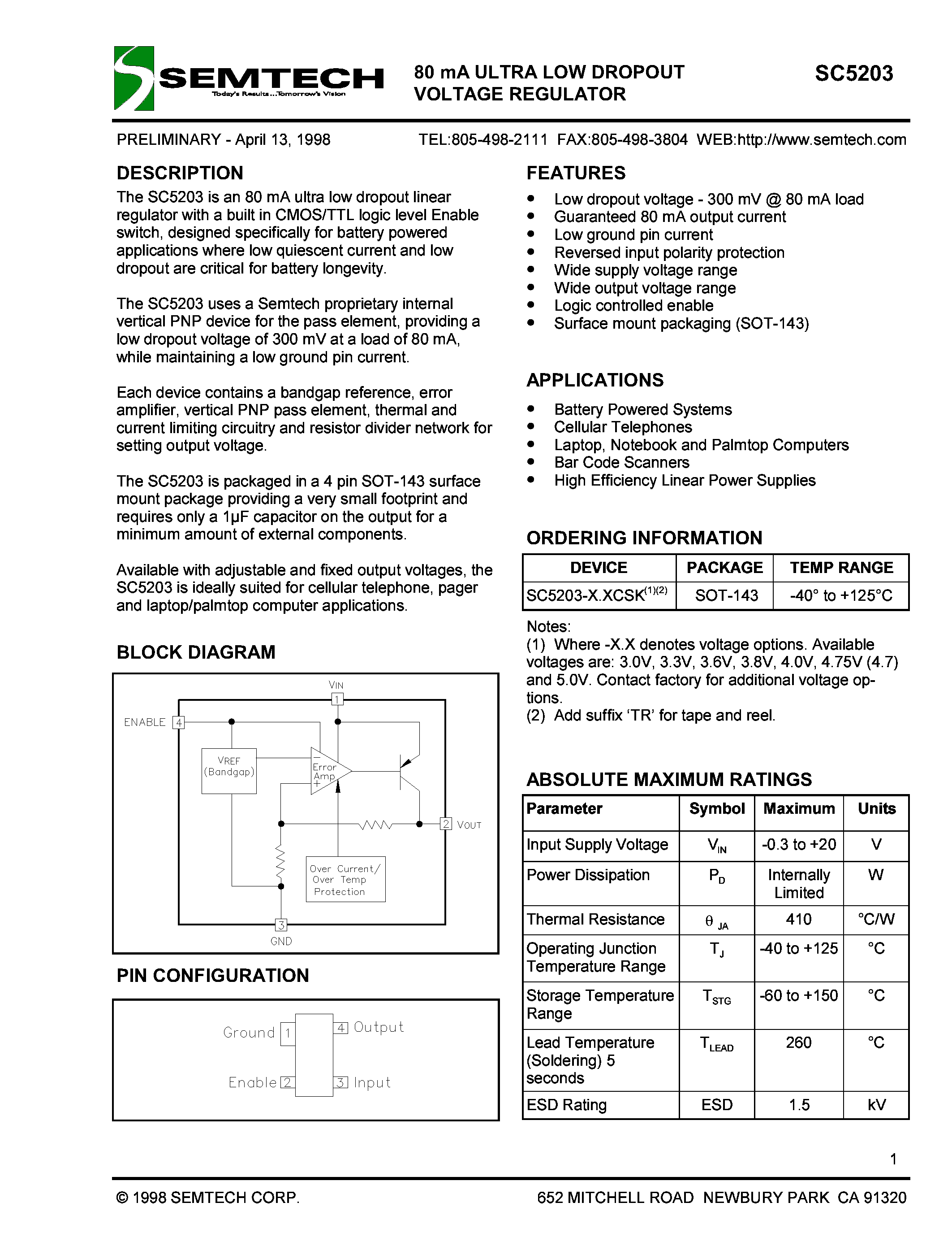 Datasheet SC5203-4.7CSK - 80mA ULTRA LOW DROPOUT VOLTAGE REGULATOR page 1